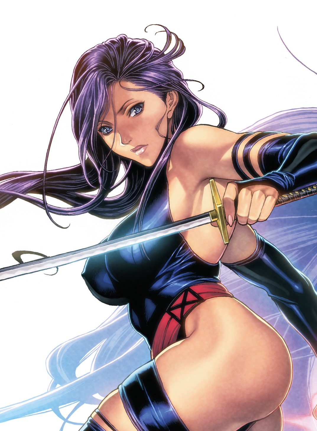 action_pose ass assassin betsy_braddock blue_elbow_gloves blue_eyes blue_high_heels blue_thigh_strap blue_thighhighs blue_thong_leotard elbow_gloves elizabeth_braddock energy erect_nipples female high_heels holding_sword holding_weapon homare_(fool's_art) japanese katana kwannon long_hair long_purple_hair marvel ninja nipple_bulge posterior_cleavage psylocke purple_hair rear_view red_sash sash side_view sideboob simple_background skindentation sleeveless solo solo_female straight_hair sword thick_thighs thigh_strap thighhighs thong_leotard toned_female weapon white_background x-men