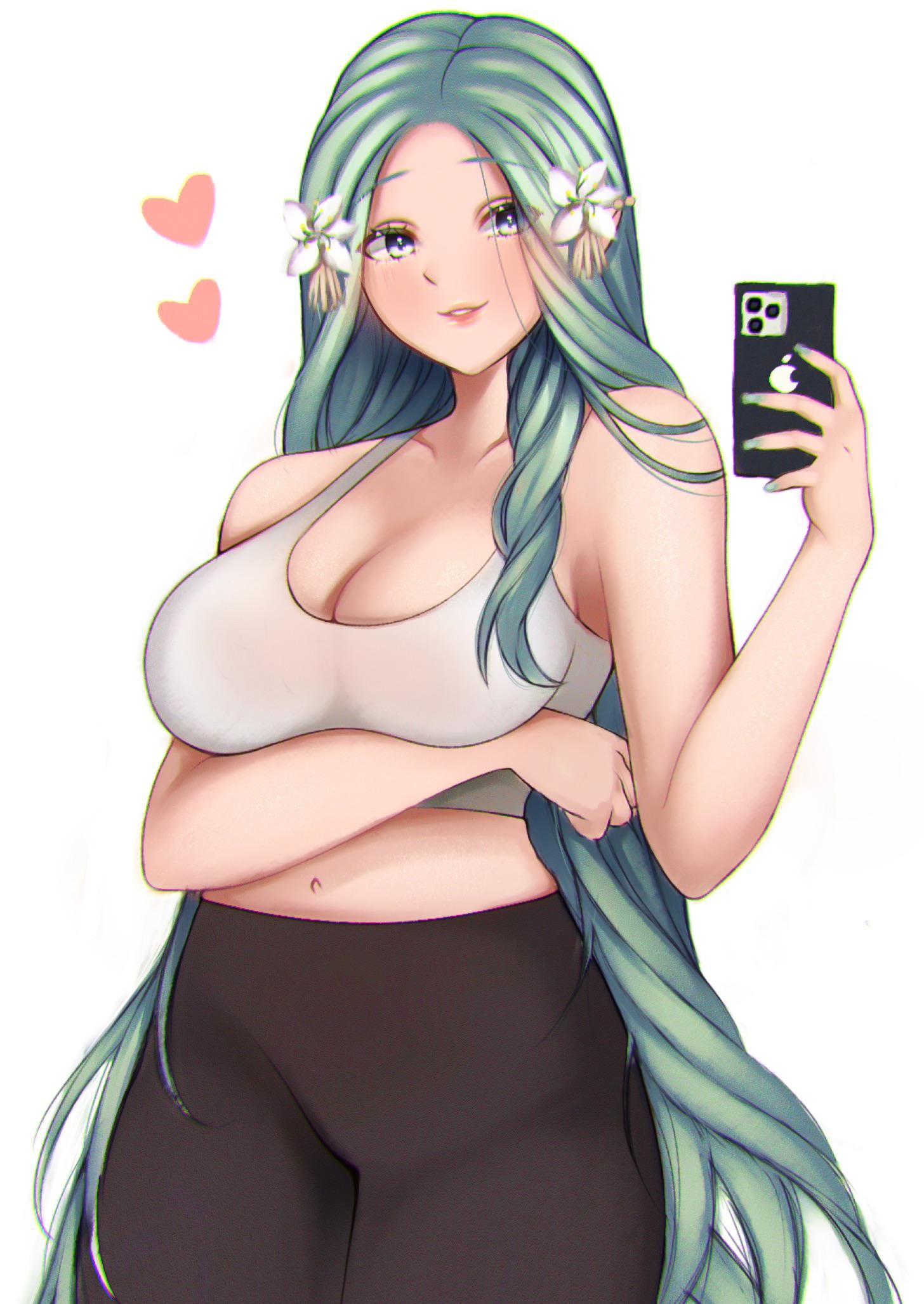 1girls, alternate costume, bambi (cozybambii), blue eyes, cleavage, exercise clothing, female, female only, fire emblem, fire emblem: three houses, flower, flower in hair, fully clothed, green hair, heart, light skin, light-skinned female, long hair, nintendo, phone, rhea (fire emblem), selfie, solo, solo female, sports bra, white background, workout clothes, yoga pants