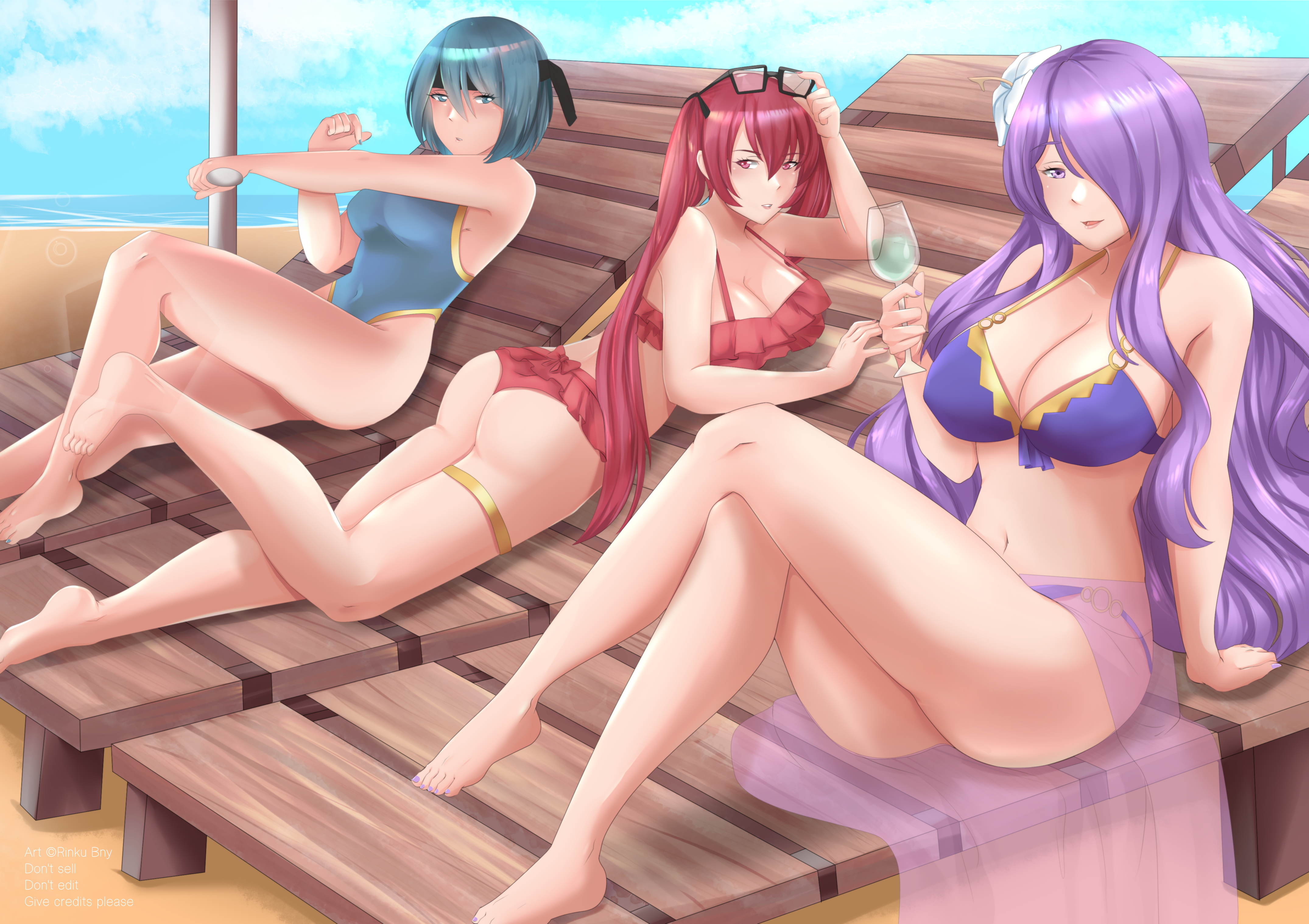3girls, ass, beach, beach chair, beruka (fire emblem), big ass, blue hair, blue nails, blue swimsuit, breasts, camilla (fire emblem), cleavage, commission, crossed legs, female, female only, fire emblem, fire emblem fates, fire emblem heroes, flower, hair flower, hair over one eye, large breasts, long hair, looking at viewer, lotion, medium hair, nail polish, nintendo, ocean, on stomach, one-piece swimsuit, purple bikini, purple eyes, purple hair, purple nails, purple swimsuit, red bikini, red eyes, red hair, red nails, red swimsuit, rinku bny, sarong, seaside, selena (fire emblem fates), severa (fire emblem), smile, sunscreen, the pose, thick thighs, twintails, veil, very long hair, white flower