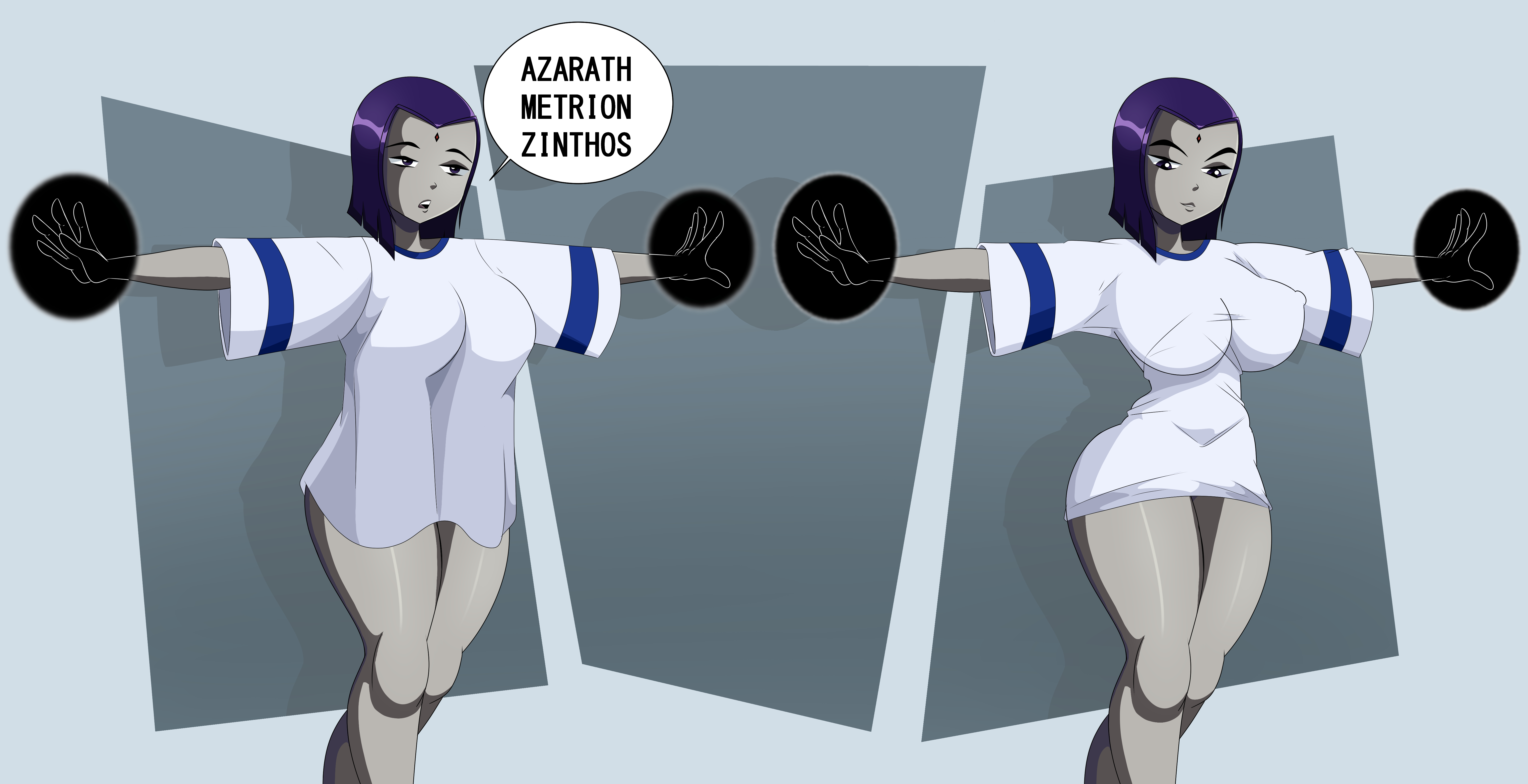 absurd res, big breasts, bottomless, breasts, dc, dc comics, female, female only, grey skin, hi res, highres, purple hair, raven (dc), shirt, solo, solo female, sonson-sensei, t-shirt, teen titans, thin waist, tight clothing, wide hips
