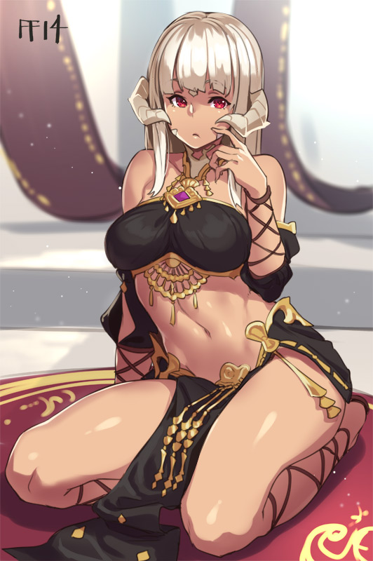 1girls, au ra, belly dancer, belly dancer outfit, breasts, dancer outfit, female, final fantasy, final fantasy xiv, gold (metal), gold jewelry, gold trim, harem girl, harem outfit, horns, houtengeki, jewelry, large breasts, loincloth, long hair, lots of jewelry, midriff, navel, raen, red eyes, sitting, solo, white hair