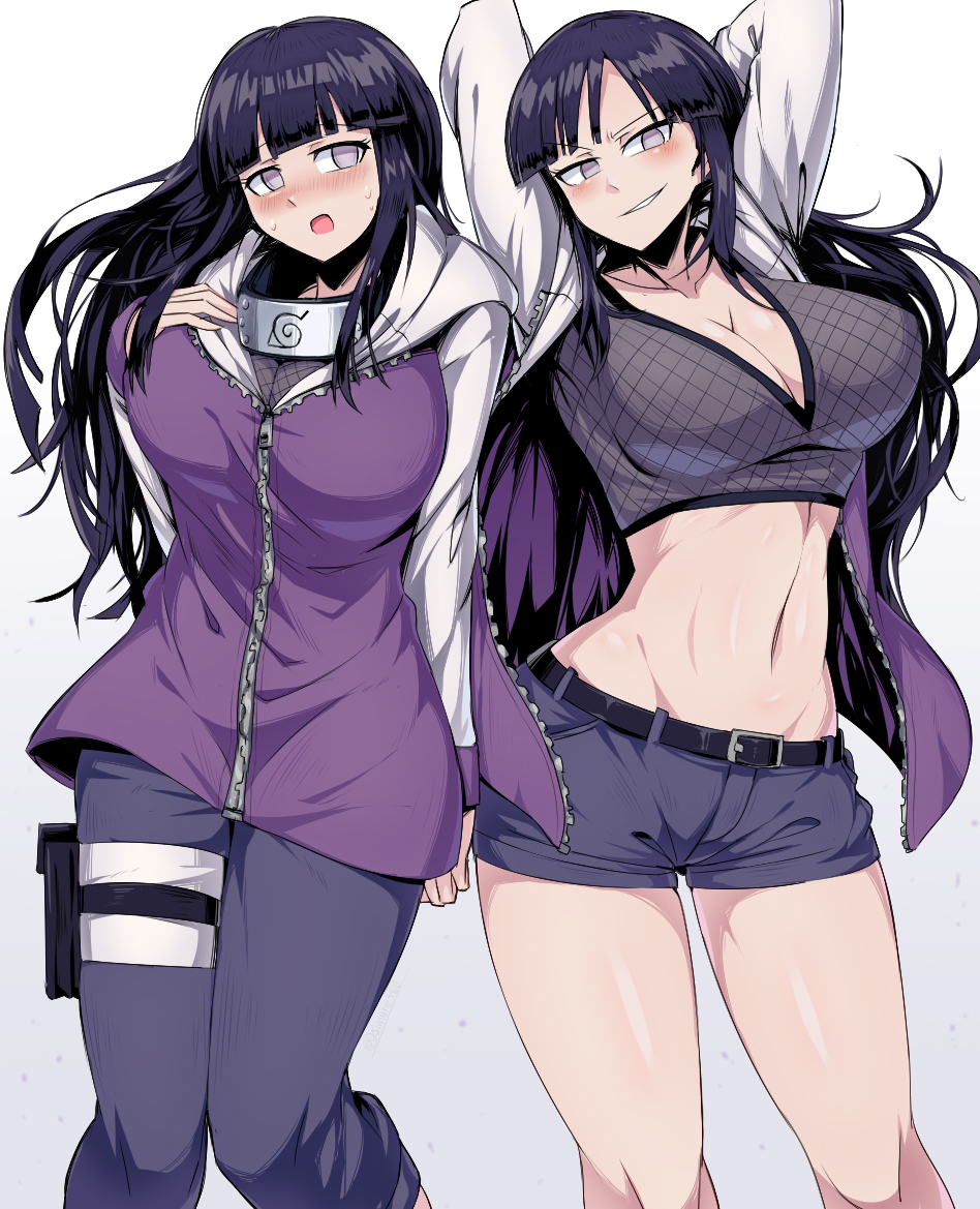 2girls arms_up big_breasts blunt_bangs blush bra breasts busty cleavage clone clothed_female embarrassed female female_only fishnets forehead_protector fully_clothed hoodie hyuuga_hinata hyuuga_hinata_(naruto:_road_to_ninja) jacket konohagakure_symbol large_breasts light-skinned_female light_skin long_hair looking_at_viewer midriff multiple_girls naruto naruto:_road_to_ninja naruto_(series) naruto_shippuden navel open_clothes open_jacket open_mouth pants purple_hair revealing_clothes shiny shiny_hair shiny_skin short_shorts shorts shy simple_background skindentation smirk suzusiigasuki sweat sweatdrop take_your_pick twins violet_eyes white_background