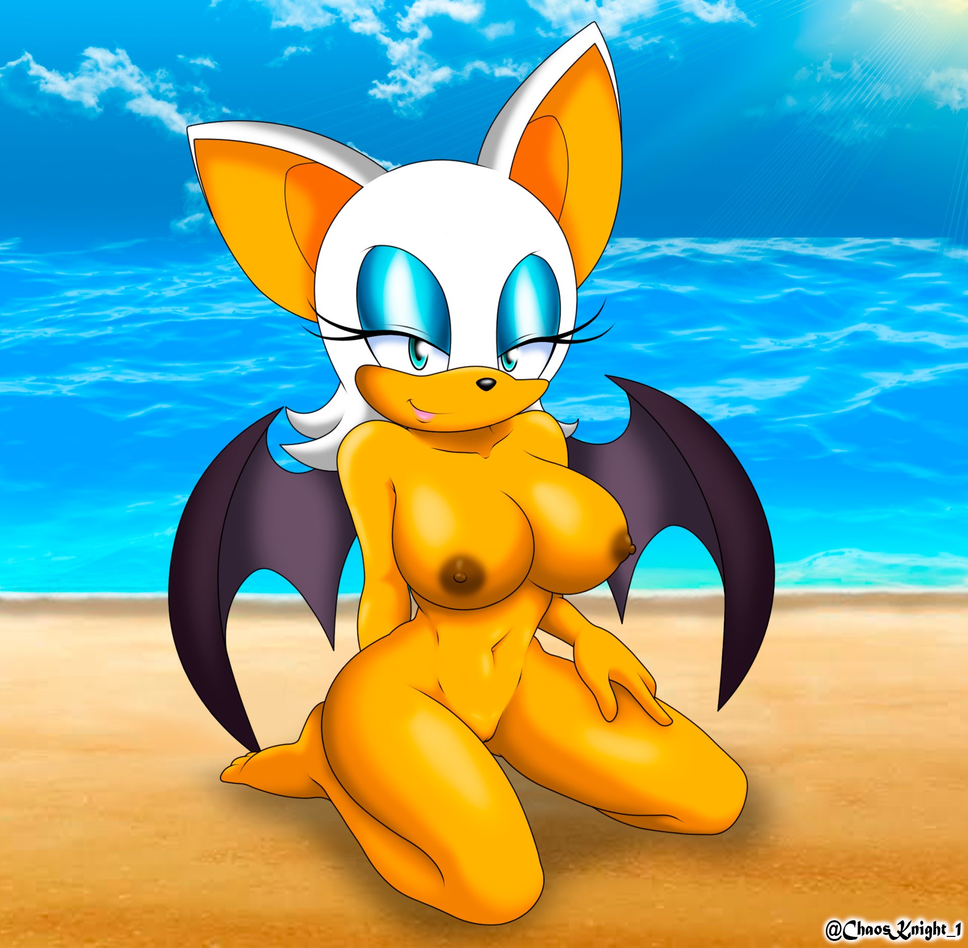 1girls, artist name, beach, blue eyes, breasts, chaosknight 1, female, fur, furry, hi res, highres, nipples, nude, rouge the bat, sega, smile, smiling, sonic (series), sonic the hedgehog (series), tagme