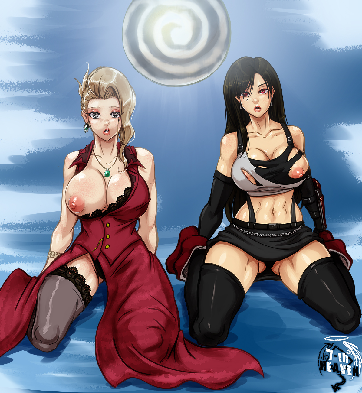 2girls, 7th-heaven, areolae, black hair, blonde female, blonde hair, blue eyes, breasts, duo, exposed breasts, female, final fantasy, final fantasy vii, final fantasy vii remake, hypnosis, mature female, mind control, open mouth, orb, panties, red eyes, scarlet (ffvii), spiral eyes, stockings, tifa lockhart, torn clothes, torn clothing