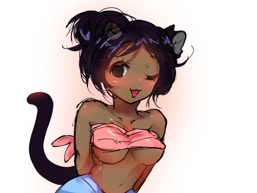 arms_behind_back black_eyes black_hair blush brown_eyes brown_skin cat_ears catgirl clothed color_sketch dark-skinned_female dark_skin female female_only friday_night_funkin momi_(bbpanzu) neko sketch solo solo_female underboob wink winking winking_at_viewer