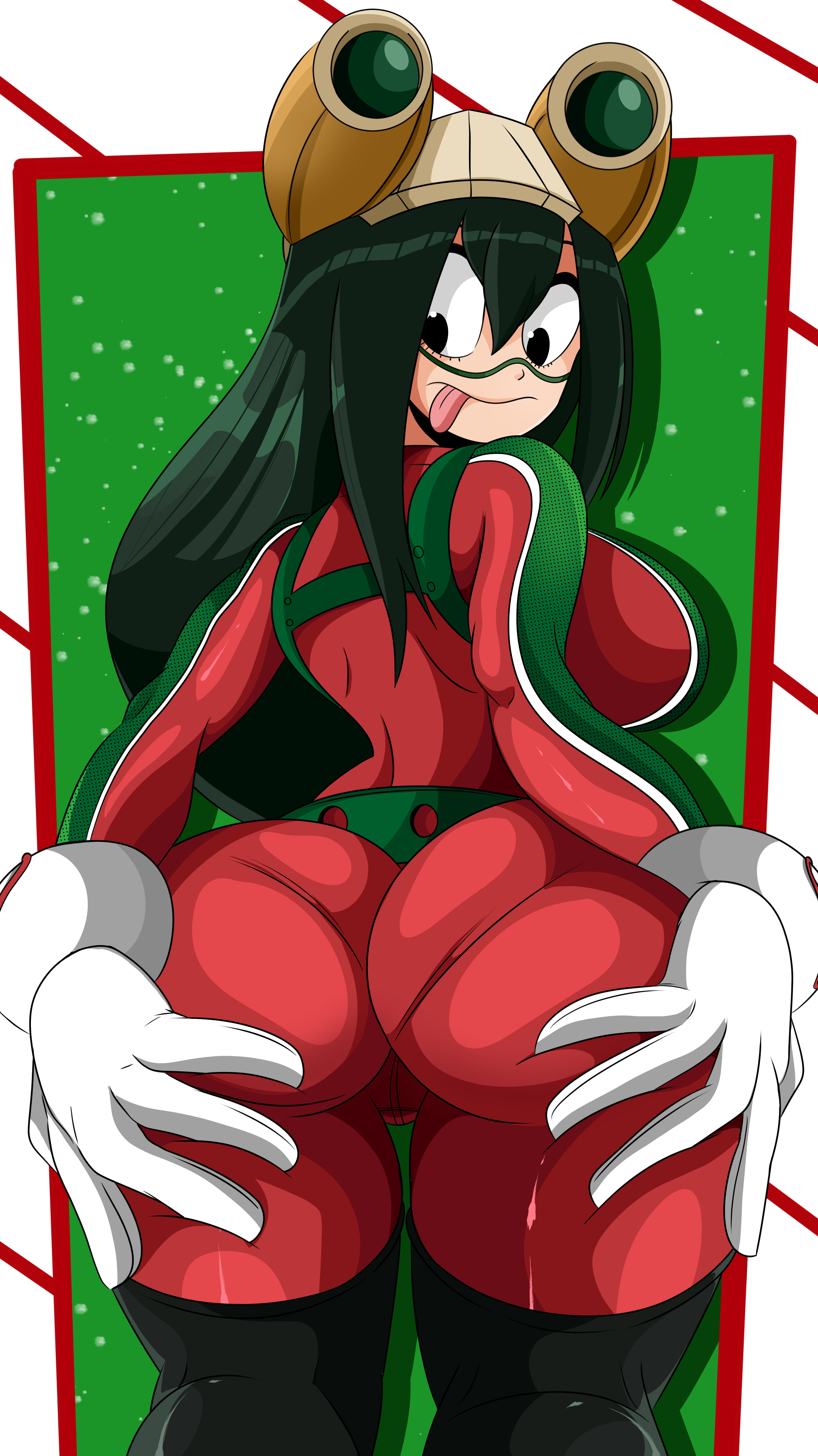 1girls, ass, big ass, christmas, female, frog girl, from behind, green hair, hero outfit (mha), hi res, highres, large ass, looking back, my hero academia, pantylines, solo, solo female, sonson-sensei, thigh gap, tight clothing, tongue, tongue out, tsuyu asui, wide hips