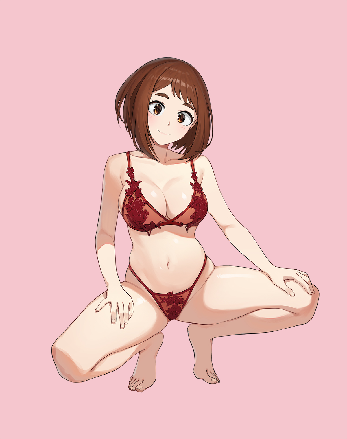 1girls, bra, breasts, brown hair, brown-haired female, female, jason kim, medium breasts, medium hair, my hero academia, ochako uraraka, panties, squatting, tagme, thick thighs, underwear
