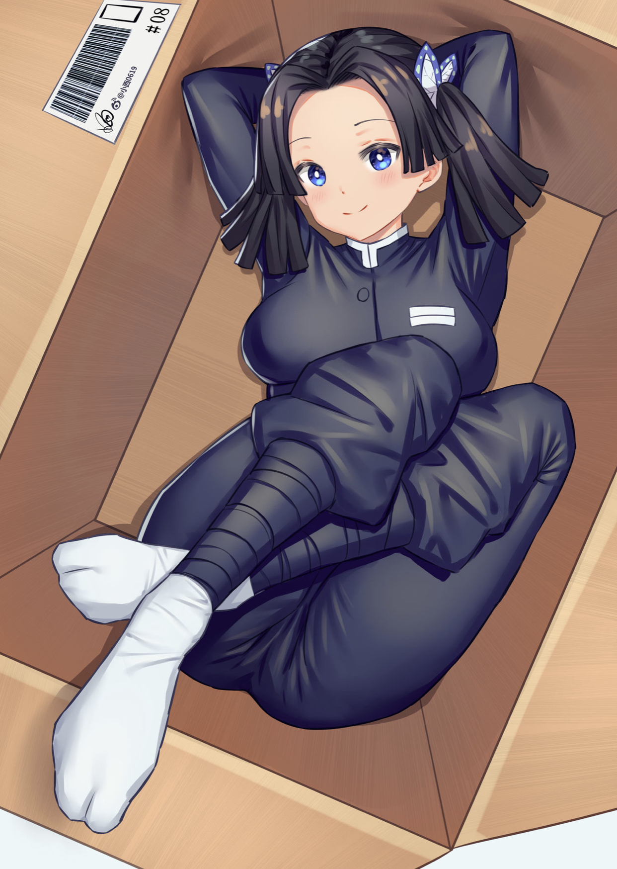 arms behind head, black hair, blue eyes, box, clothed, demon slayer, female, female only, fully clothed, girl in a box, in container, kanzaki aoi (kimetsu no yaiba), kimetsu no yaiba, konishi (565112307), looking at viewer, smile, socks, solo, tabi, twintails
