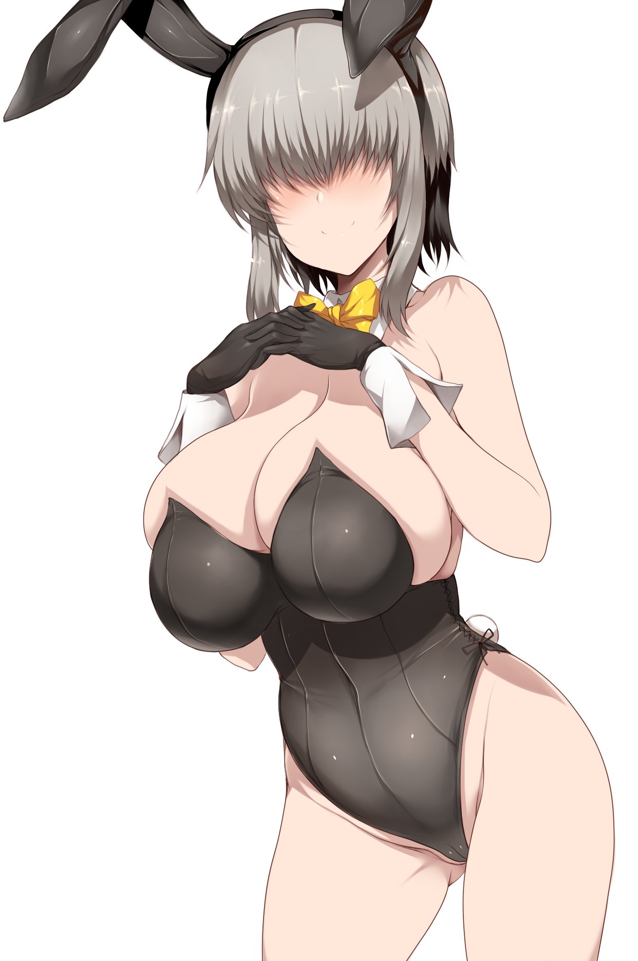 animal ears, ass, big ass, big breasts, blush, bowtie, breasts, breasts bigger than head, bunny ears, bunny tail, bunnysuit, bursting breasts, corset, female, female focus, female only, gloves, grey hair, hair between eyes, hourglass figure, large breasts, short hair, simple background, smile, solo, solo female, solo focus, submissive pose, tsukasawa takamatsu, uzaki yanagi, uzaki-chan wa asobitai!, voluptuous, white background, young