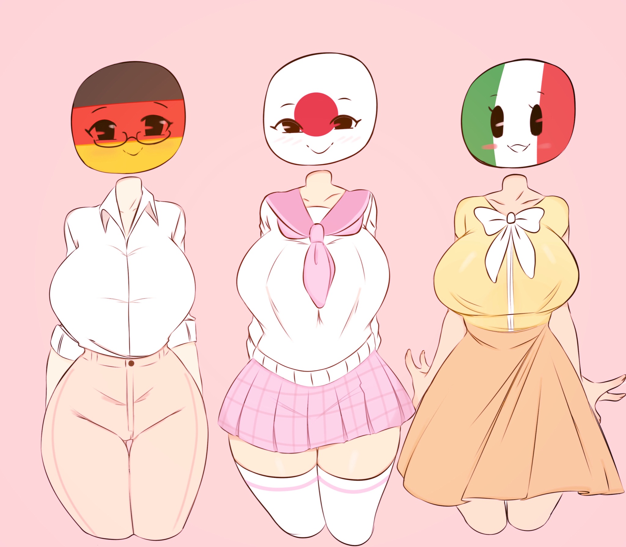 3girls, anthro, anthrofied, big breasts, breasts, clothed, clothing, countryhumans, countryhumans girl, eyebrows, eyelashes, female, female only, flawsy, front view, fully clothed, germany (countryhumans), hips, huge breasts, humanoid, italy (countryhumans), japan (countryhumans), large breasts, light skin, light-skinned female, looking at viewer, pale skin, pink background, simple background, skirt, smile, smiling, smiling at viewer, standing, thick, thick thighs, thighs, wide hips