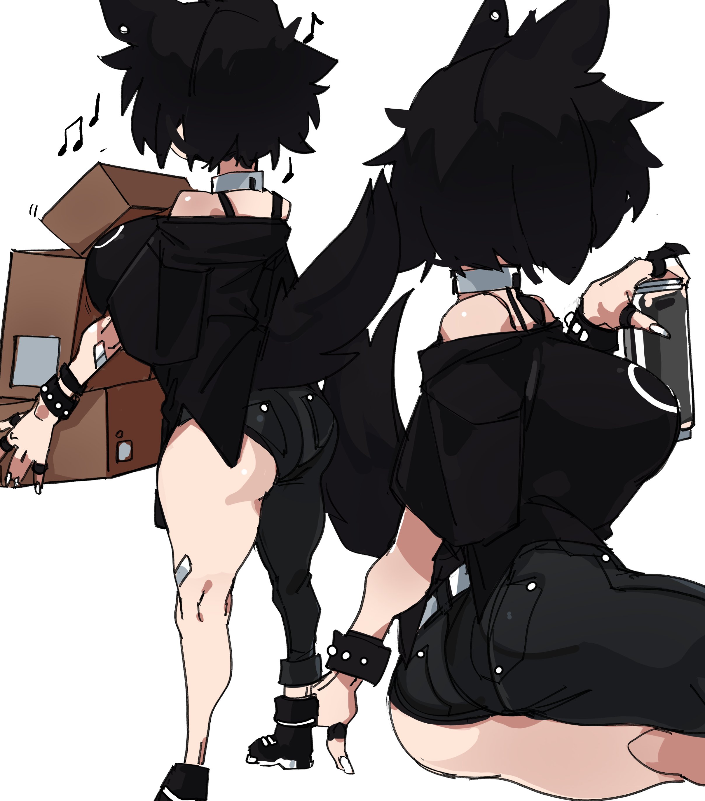 1girls, back view, bandage, bare shoulders, black hair, box, bracelet, can, collar, ear piercing, female, female only, goth, holding box, holding can, light skin, light-skinned female, medium hair, musical note, original, raine (zanamaoria), ring, solo, solo female, very high resolution, white background, wolf ears, wolf girl, wolf tail, zanamaoria