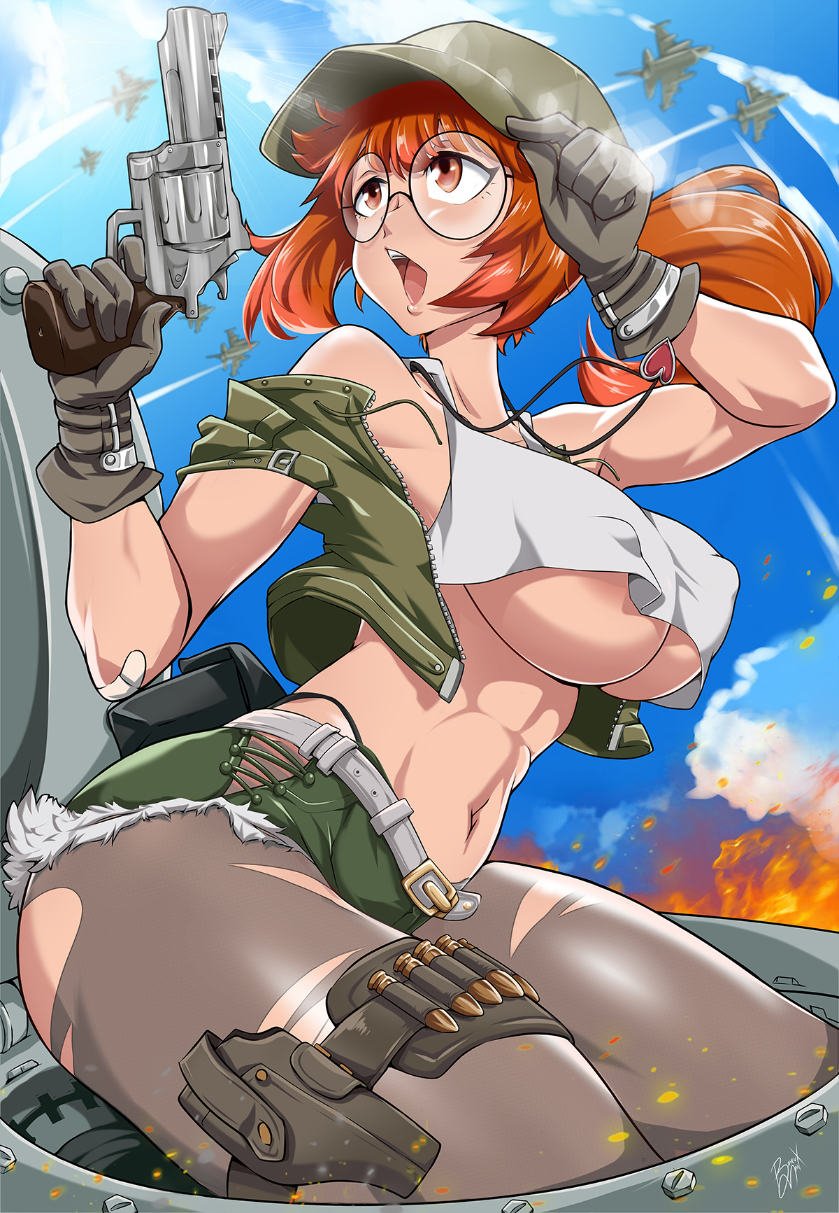 1girls, abs, bayeuxman, big breasts, breasts, brown hair, covered nipples, curvy figure, female, fio germi, firearm, glasses, gloves, gun, handgun, hat, large breasts, metal slug, minishorts, miniskirt, muscular, muscular female, nipple bulge, pantyhose, ponytail, revolver, ripped clothing, ripped pants, shorts, solo, thick thighs, thighs, torn legwear, torn pantyhose, underboob, weapon, wide hips