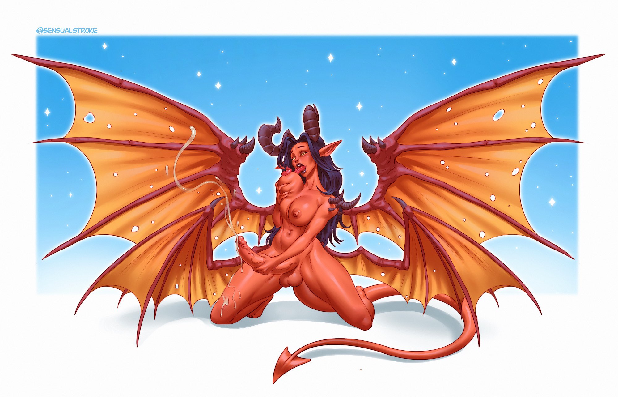 1futa, 4 wings, areolae, artist name, balls, big breasts, big penis, black hair, blush, breast grab, breasts, cum, cum on thighs, cumshot, demon, demon girl, demon tail, demon wings, ejaculation, elf ears, female, fit, fit futa, futa only, futanari, holding penis, horns, humanoid, humanoid penis, intersex, kneeling, large breasts, licking, licking nipples, long penis, long tongue, masturbation, multi wing, navel, nipples, nude, open mouth, orgasm, penis, pinup, pointy ears, purple lips, sensualstroke, shoulder spikes, simple background, solo, tail, testicles, thighs, tongue, tongue out, veiny penis, very long hair, wing claws, wings, yellow eyes