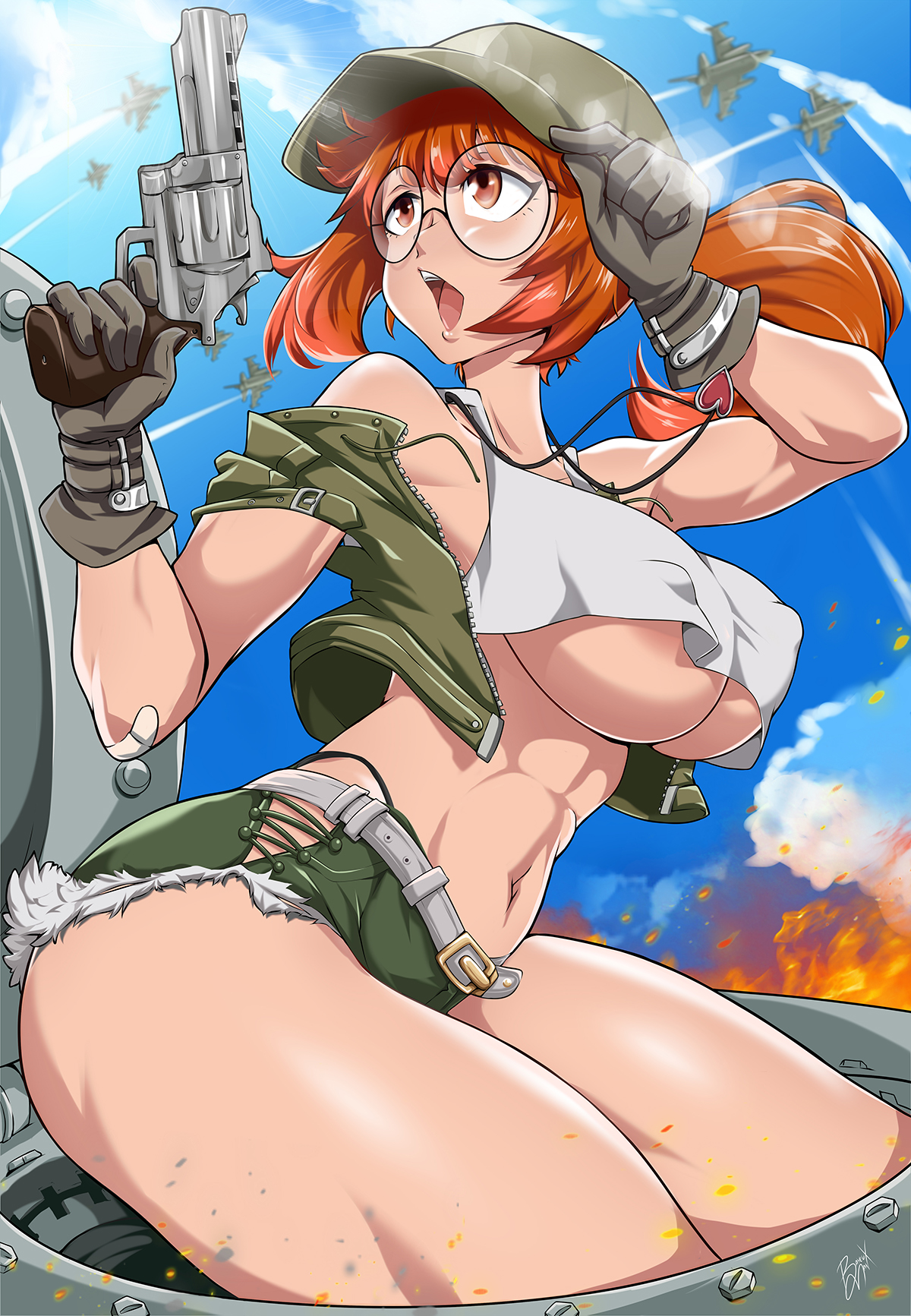 1girls, abs, bayeuxman, big breasts, breasts, brown hair, clothing, covered nipples, curvy figure, eyewear, female, fio germi, firearm, glasses, gloves, gun, handgun, handwear, hat, human, large breasts, metal slug, minishorts, miniskirt, muscular, muscular female, nipple bulge, pale skin, ponytail, revolver, shorts, solo, thick thighs, thighs, underboob, weapon, wide hips