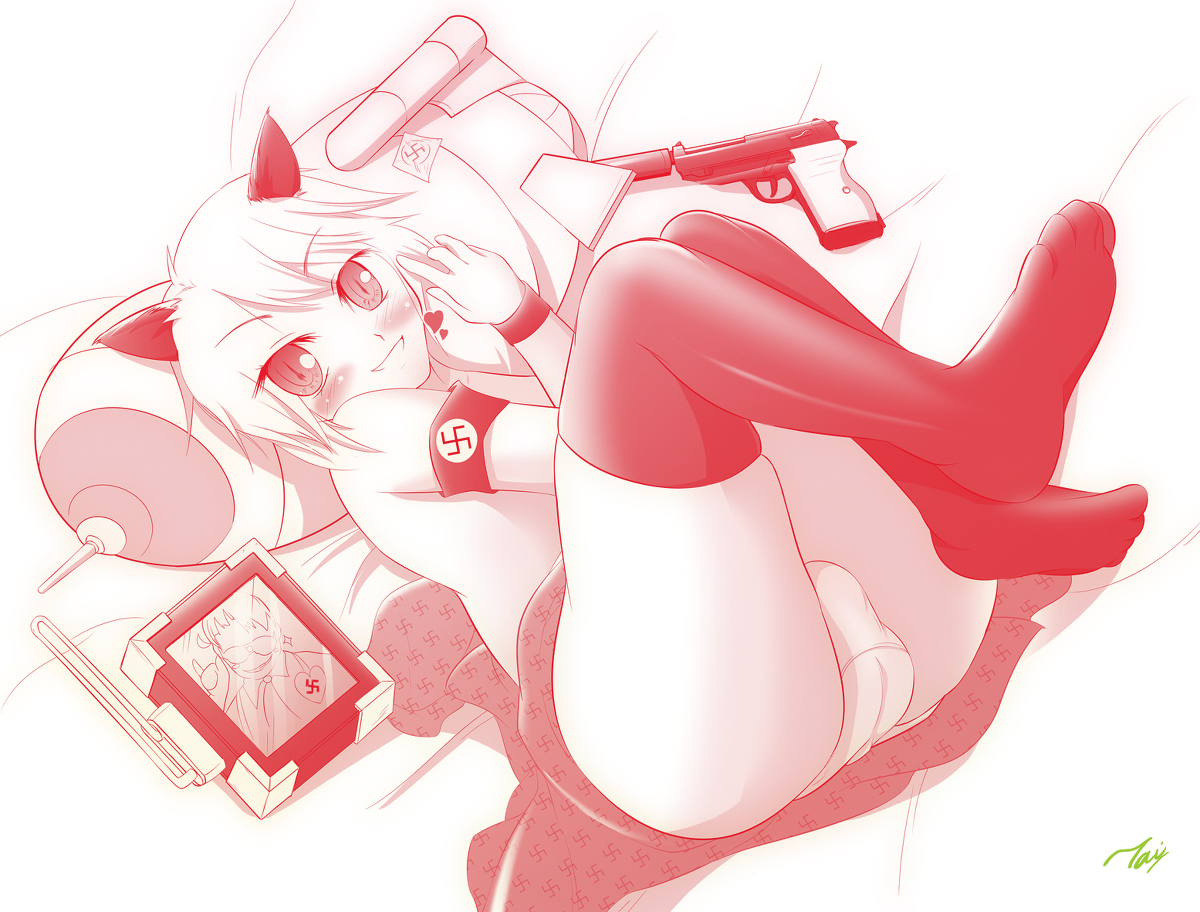 feline, femboy, gun, hellsing, high socks, male, nazi, schrodinger, solo, weapon