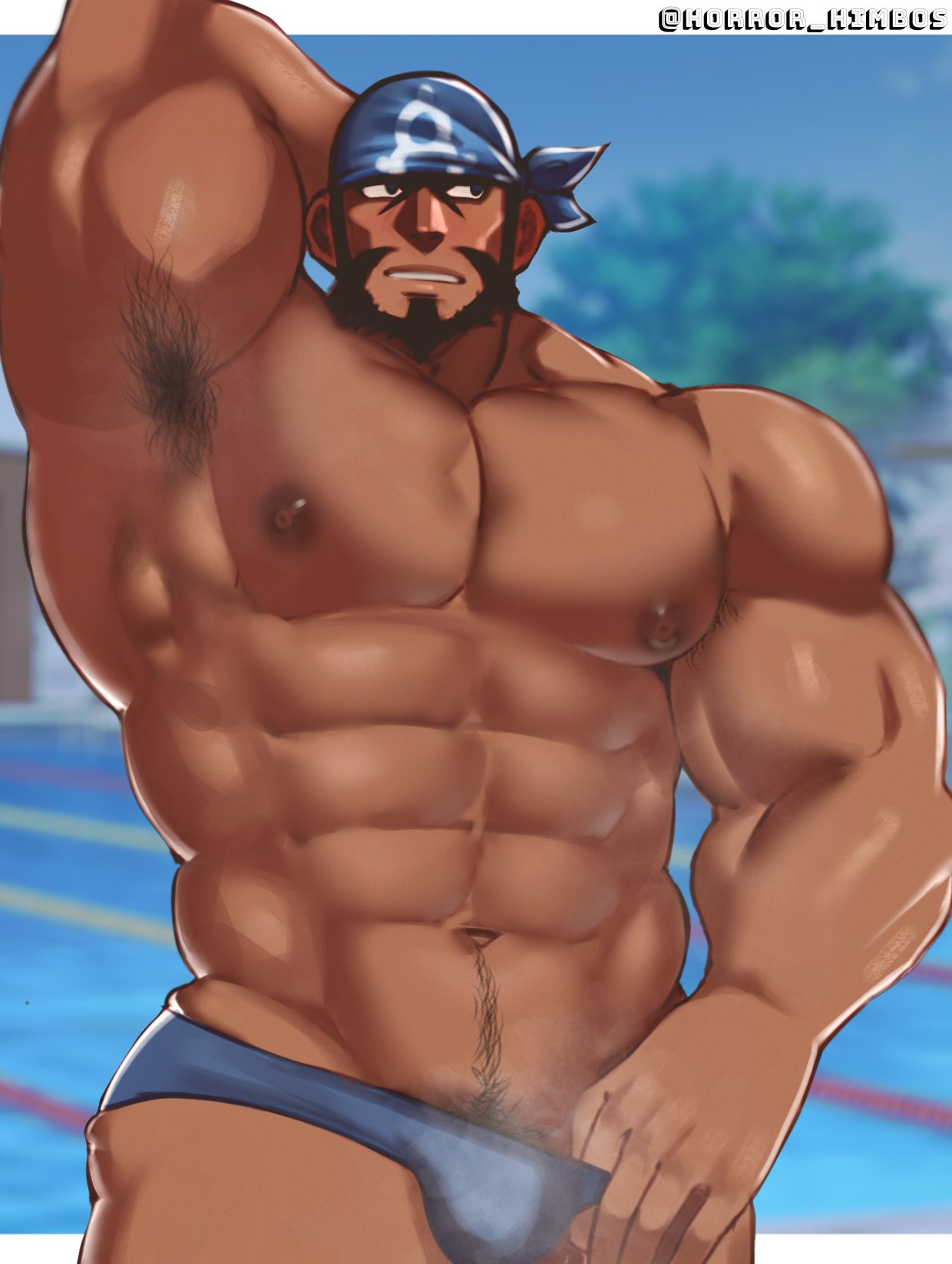 archie_(pokemon) armpit_hair beard bulge dark_skin flaccid horror_himbos male male_only muslce pokemon pool solo solo_male speedo swimsuit team_aqua