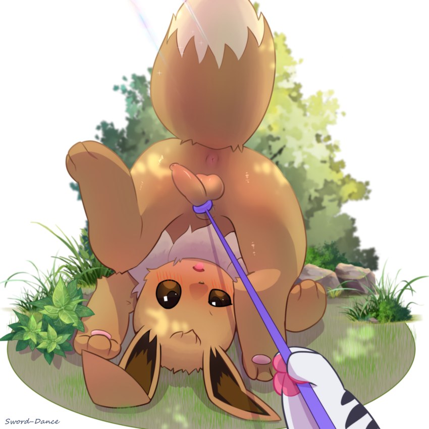 1:1 1boy 2021 3_fingers 3_toes absurd_res anus ass balls black_body black_fur black_nose blush bondage bound brown_body brown_eyes brown_fur duo eevee feet feral fingers flaccid foreskin fur futa_only genitals grass head_tuft hi_res holding_object humanoid_genitalia humanoid_penis leash leash_pull legs_up looking_at_viewer lying male male_focus malesub multicolored_body multicolored_fur neck_tuft nintendo on_back open_mouth outside pawpads penis penis_bondage penis_leash plant pokémon_(species) pokemon pokemon_(species) presenting presenting_anus raised_tail rock signature solo_focus sword-dance tail_tuft taint toes tongue tongue_out tuft uncut upside-down video_games white_body white_fur wide_hips