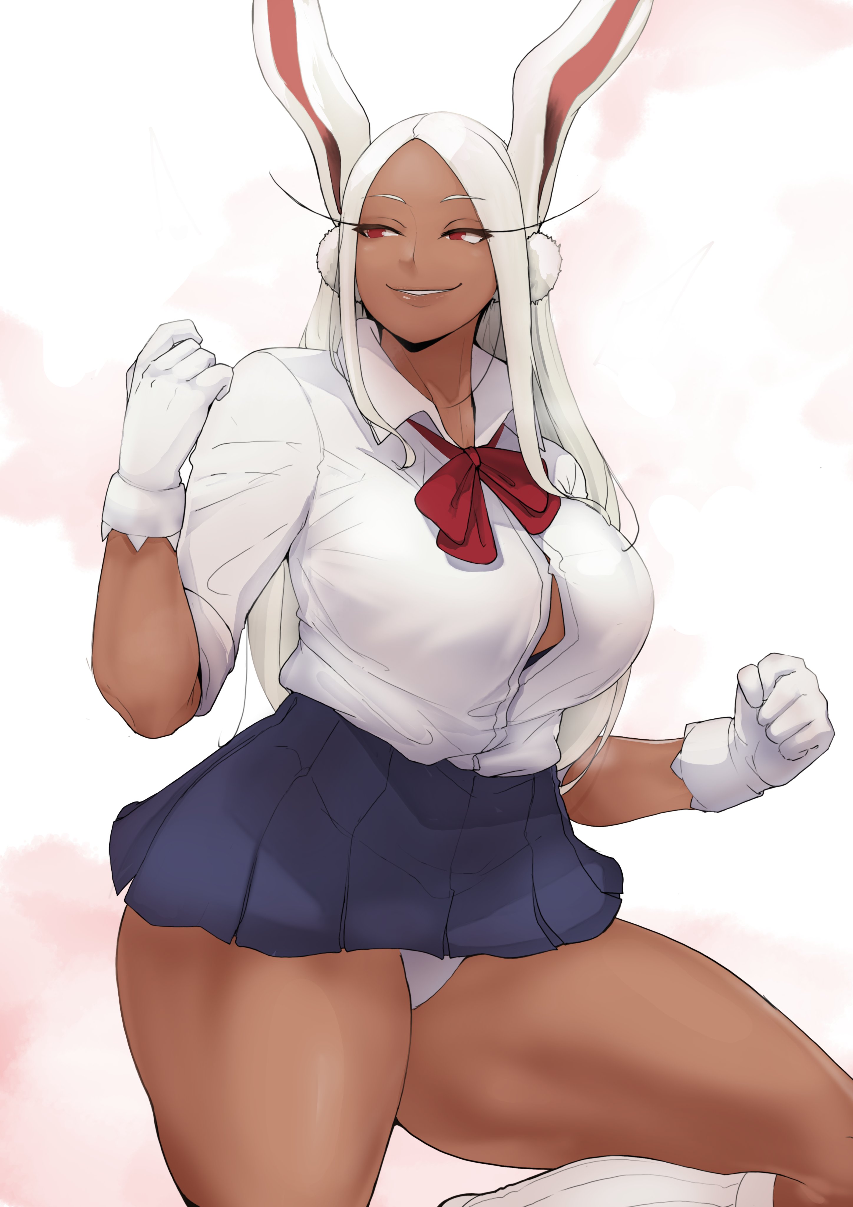 1girls, absurd res, bent leg, bunny ears, dark skin, dark-skinned female, female, female only, fit, fit female, gloves, kemonomimi, long eyelashes, long hair, mature female, miruko, my hero academia, narrowed eyes, pose, puzenketsu, red eyes, rumi usagiyama, school uniform, skirt, smug, solo, solo female, thick thighs, variant set, white background, white hair