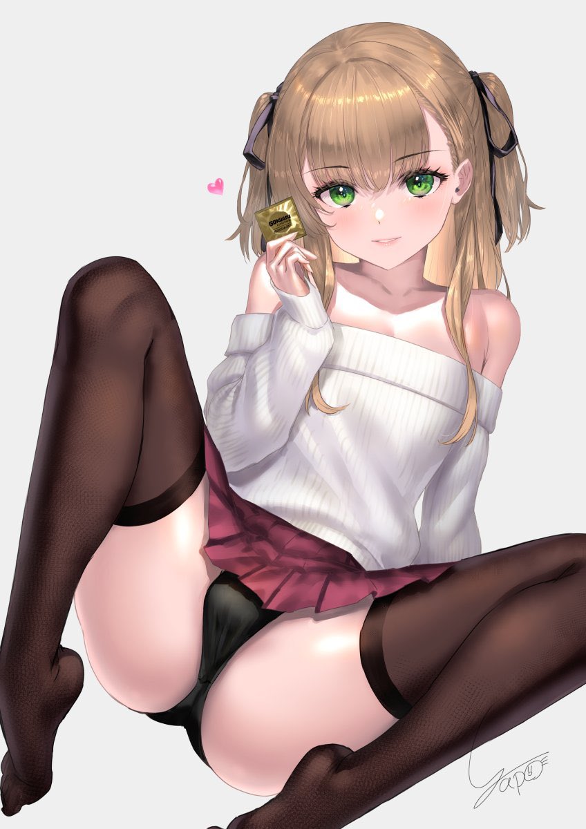 1boy, bare shoulders, black legwear, black panties, black ribbon, brown hair, collarbone, condom, erection, erection under clothes, femboy, fishnet legwear, fishnets, girly, green eyes, grey background, grin, hair ribbon, hand up, heart, highres, holding, holding condom, legs, long hair, long sleeves, looking at viewer, male, miniskirt, no shoes, off shoulder, off-shoulder sweater, original, otoko no ko, panties, parted lips, pleated skirt, red skirt, ribbon, signature, simple background, sitting, skirt, smile, solo, sweater, thighhighs, thighs, trap, two side up, underwear, white sweater, yapo (croquis side)