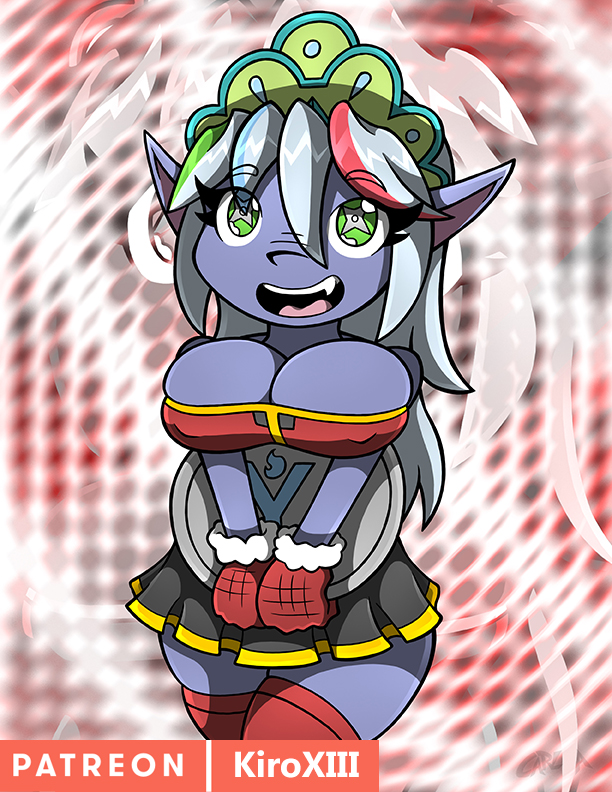 cute_fang green_eyes grey_skin kiroxiii maid oc original_character pointy_ears purple_skin rika_dimensional_ninja shortstack smile unusual_pupils watermark white_hair yordle