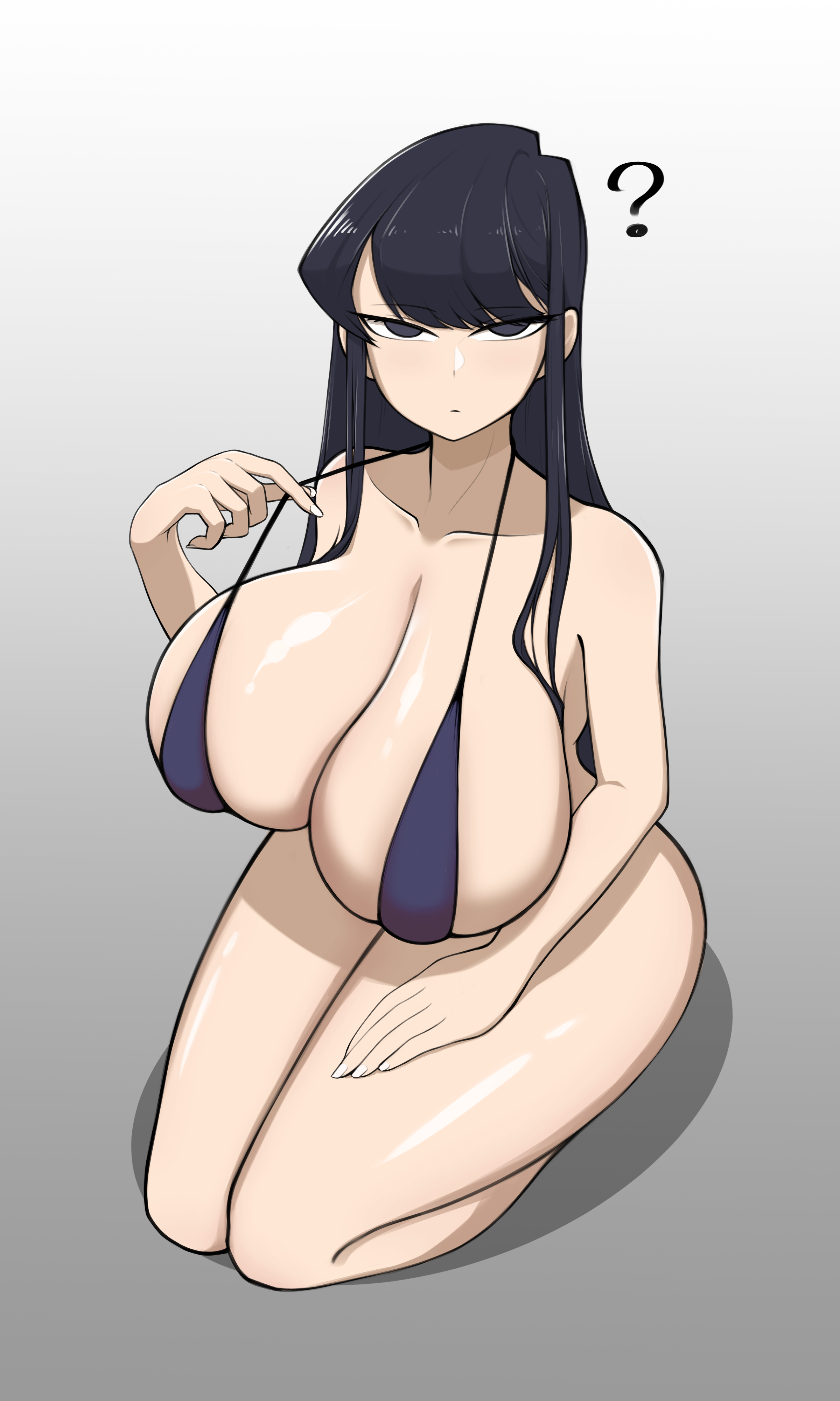 ?, 1girls, 2021, alternate breast size, big breasts, bikini, bikini top, bikini top pull, blue bikini, breasts, cleavage, collarbone, dark hair, female, female focus, female only, gradient background, grey background, grilled eel, hand on own thigh, hand on thigh, huge breasts, komi shouko, komi-san wa komyushou desu, long hair, question mark, seiza, simple background, sling bikini, solo, solo female, solo focus