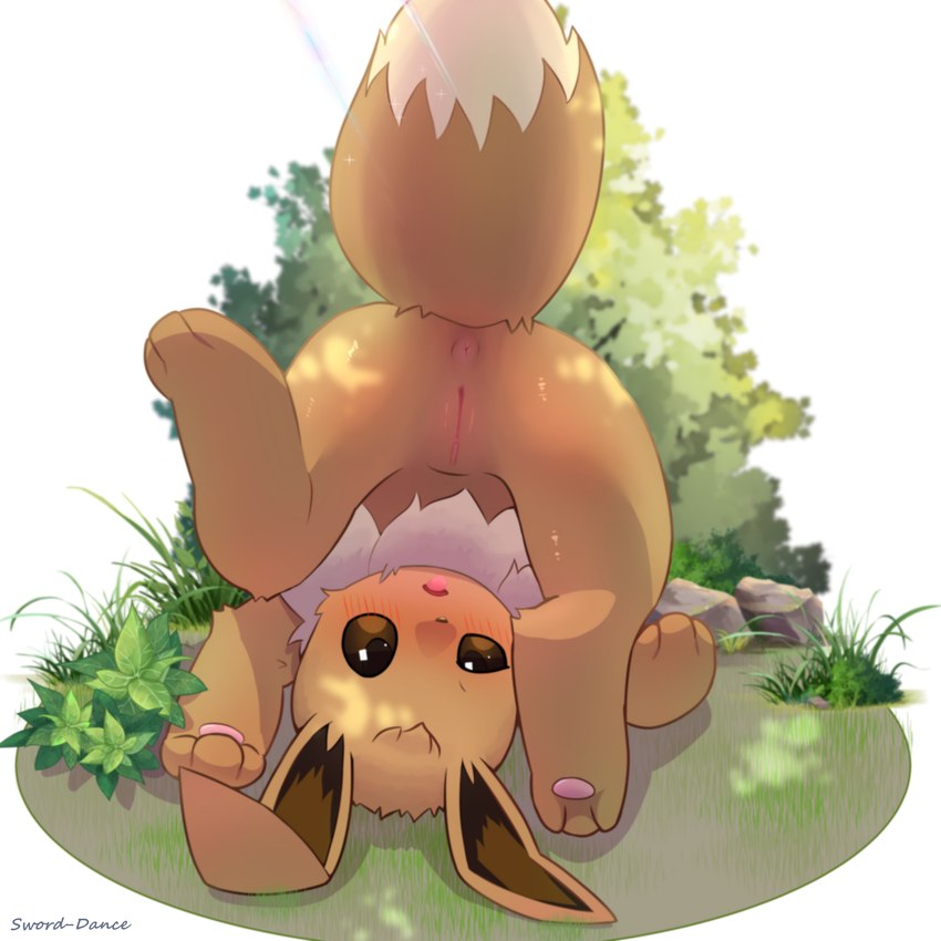 1:1, 2021, 3 fingers, 3 toes, absurd res, anus, ass, black nose, blush, brown body, brown eyes, brown fur, clitoris, eevee, english text, feet, female, feral, fingers, fur, genitals, grass, head tuft, hi res, legs up, looking at viewer, lying, markings, multicolored body, multicolored fur, neck tuft, nintendo, on back, open mouth, outside, pawpads, paws, plant, pokémon (species), pokemon, pokemon (species), presenting, presenting anus, presenting pussy, pussy, raised tail, rock, signature, solo, sword-dance, tail, tail markings, tail tuft, text, toes, tongue, tongue out, tuft, upside-down, video games, white body, white fur