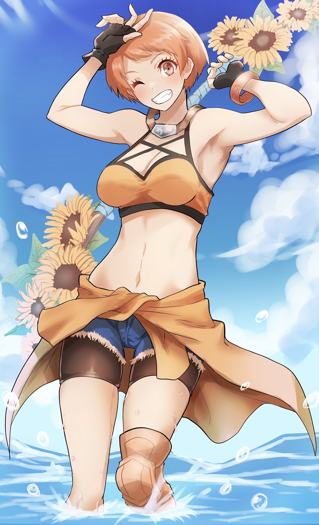 1girls absurdres alternate_costume armpits arms_up bare_arms bare_midriff bare_shoulders bare_thighs big_breasts bikini bikini_shorts blush blushing breasts cleavage clothes_around_waist confident female female_only fingerless_gloves fire_emblem fire_emblem:_three_houses fire_emblem_heroes flower gloves highres human human_only kurosususu leonie_pinelli leonie_pinelli_(summer) looking_at_viewer midriff navel nintendo ocean one_eye_closed orange_bikini orange_eyes orange_hair orange_swimsuit sea short_hair sleeveless sleeveless_shirt smile smiling smiling_at_viewer solo solo_female stomach sunflower swimsuit thigh_gap tomboy tummy very_short_hair wink winking