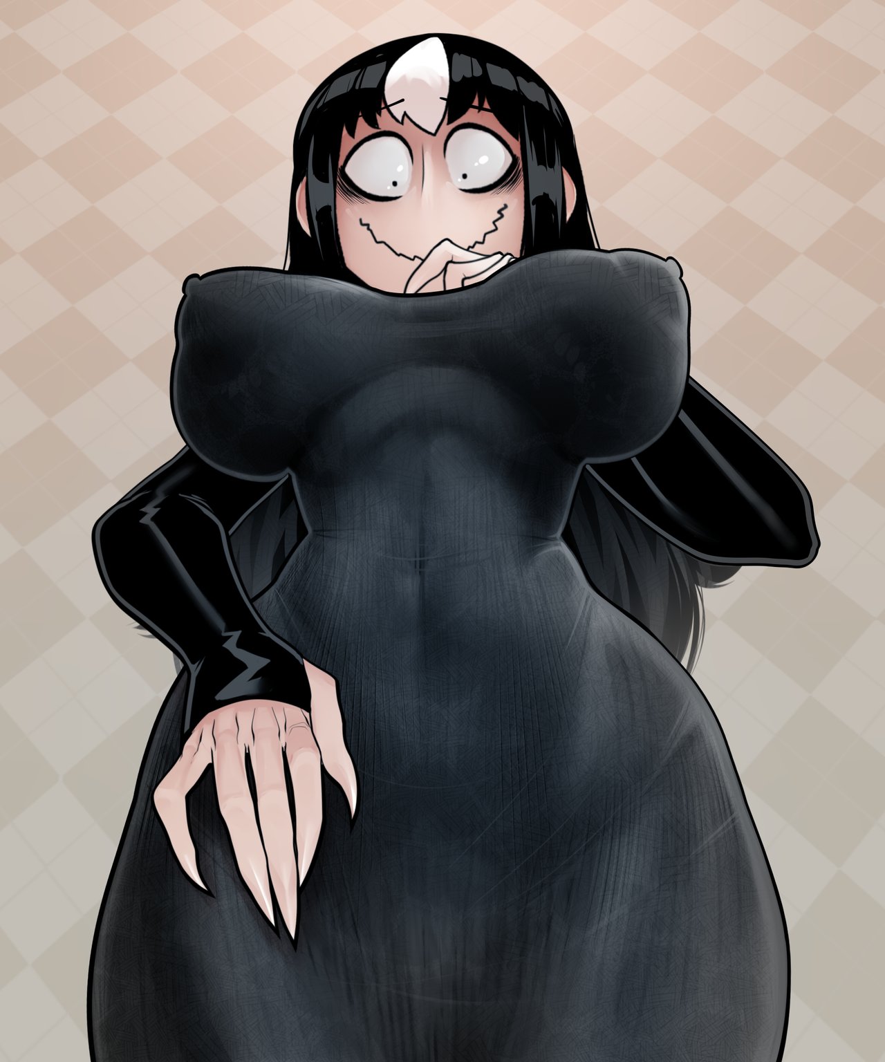 :), arm gloves, black eyes, black hair, breasts, clothed, derek hetrick, dress, erect nipples, erect nipples under clothes, eye bags, female, hi res, long hair, looking at viewer, mob face, nipples, noss the nosferatu (crap-man), original, original character, sharp fingernails, smile, solo, tight clothing, viewed from below, white highlights