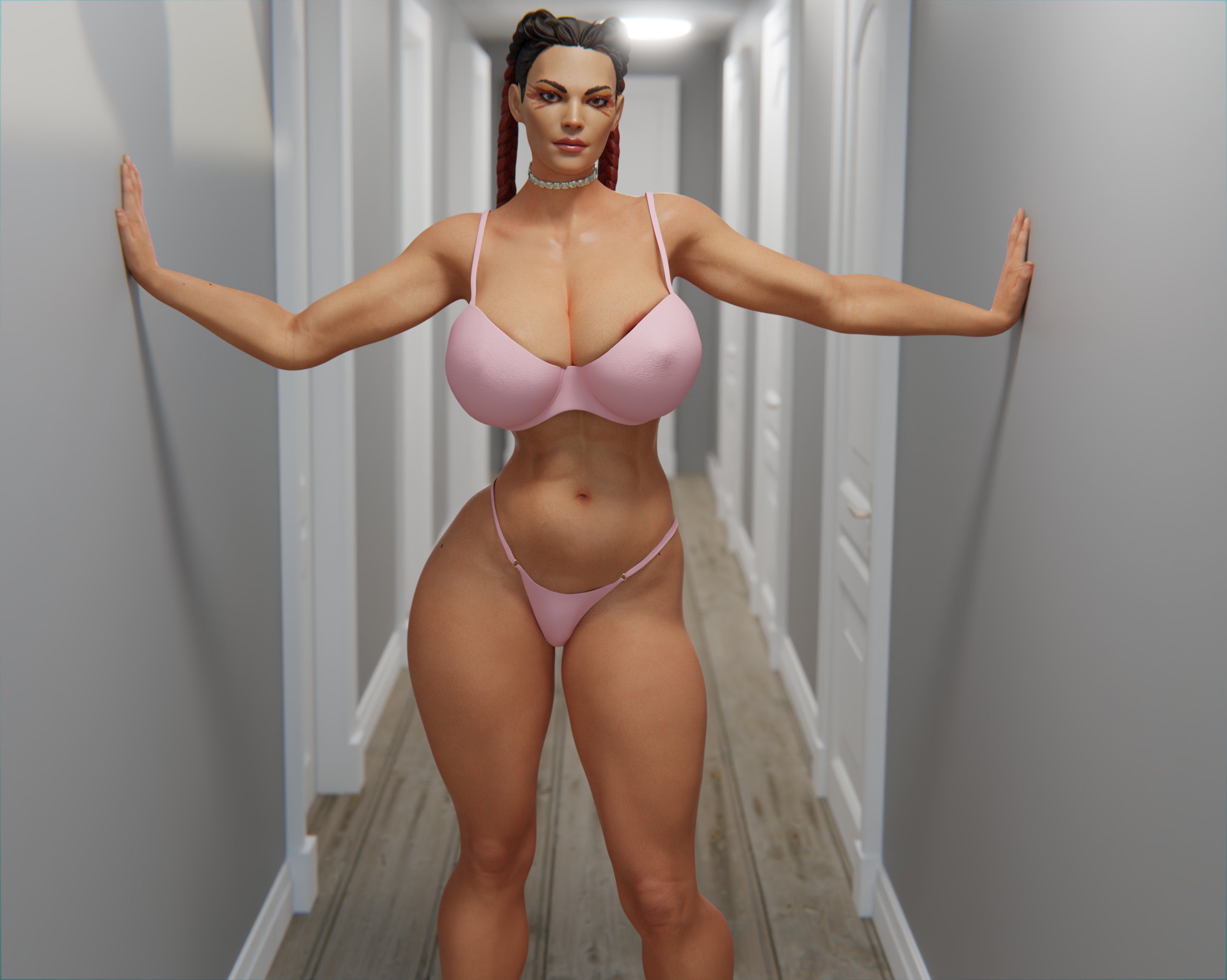 1girls, 3d, abs, apex legends, areola slip, athletic, athletic female, bikini, blender, braided hair, braids, breasts, cleavage, cornrows, cropped legs, eye markings, female, female only, front view, hallway, huge breasts, loba (apex legends), looking at viewer, nipple bulge, pink bikini, six pack, solo, sourcemaker, thick thighs, twin braids, white wall, wooden floor