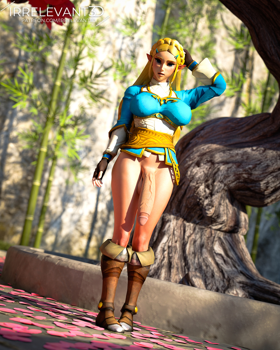 1futa, balls, belt, big breasts, big penis, blonde hair, boots, bottomless, breasts, breath of the wild, clothed, detailed background, futa only, futanari, gloves, green eyes, hand on hair, intersex, irrelevant3d, long hair, partially clothed, penis, pointy ears, princess zelda, the legend of zelda, zelda (breath of the wild)