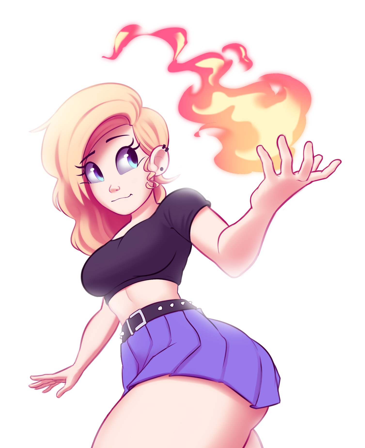ass, blonde hair, blue eyes, breasts, cassidy (saymanart), female, fire, original, saymanart, skirt, smile