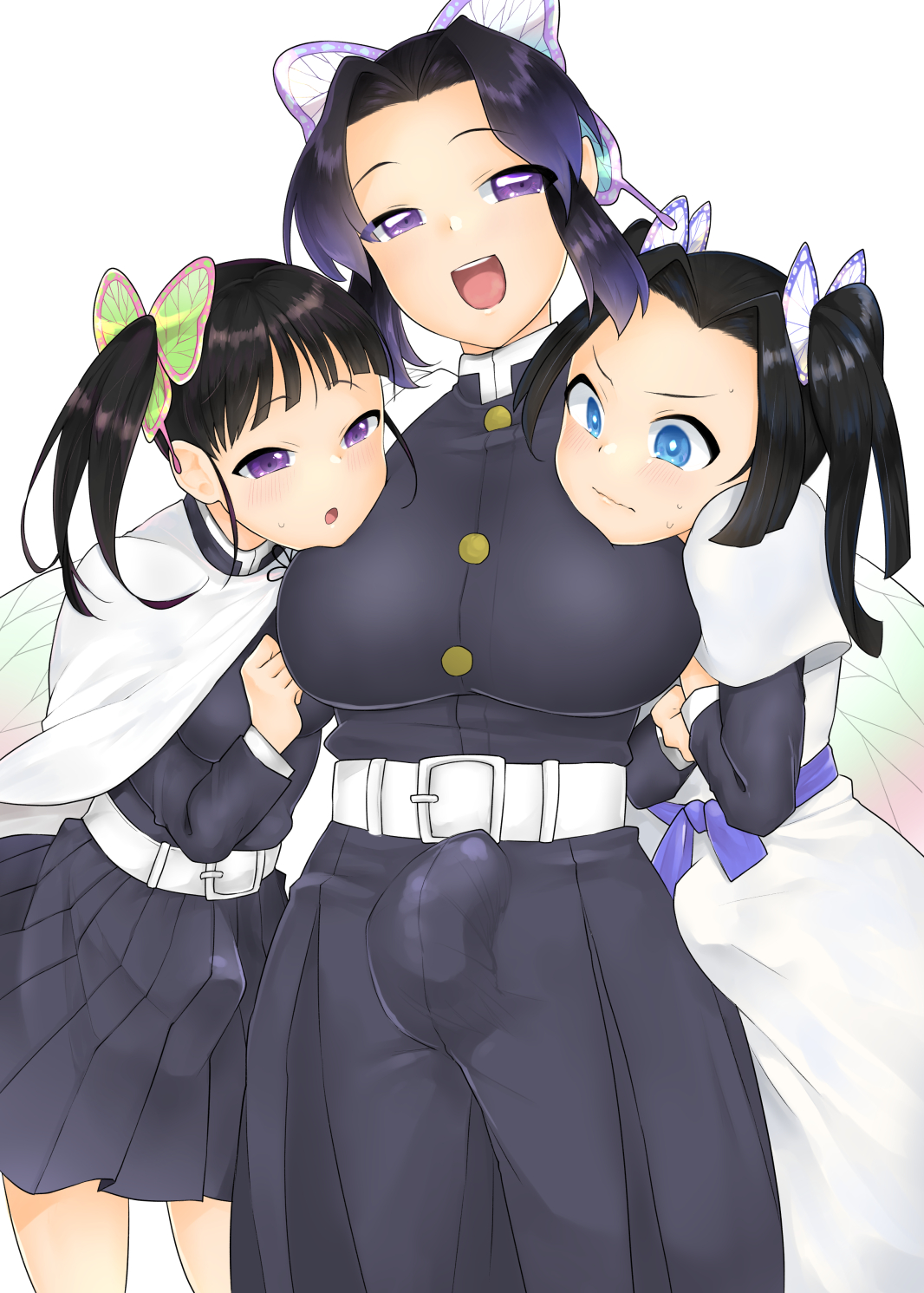 3futas, big breasts, black hair, blue eyes, breasts, bulge, butterfly hair ornament, clothing, demon slayer, doujin cover, erection under clothes, fully clothed, futa only, futanari, intersex, kanzaki aoi (kimetsu no yaiba), kimetsu no yaiba, kochou shinobu, ponytail, purple eyes, standard (artist), tsuyuri kanao, twintails