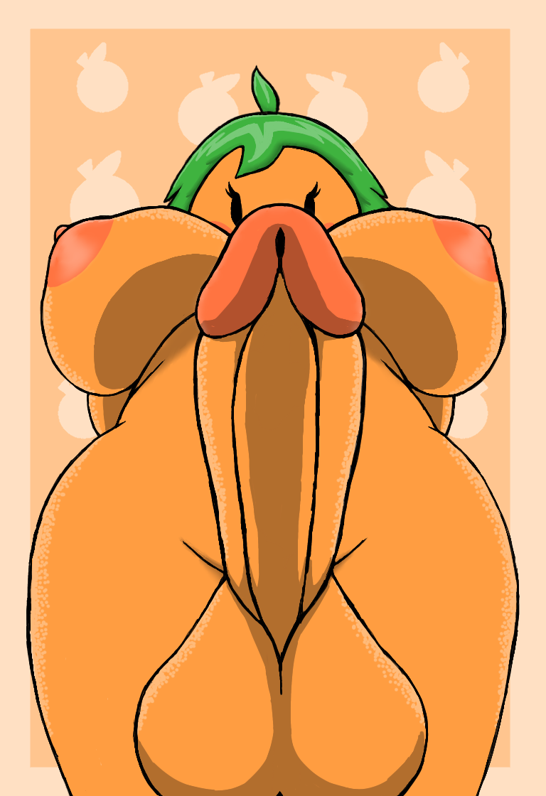 1futa anthro areolae balls big_breasts big_penis breasts fruit_humanoid futa_only futanari humanoid humanoid_penis low-angle_view orange_skin orangejuicemann original original_character penis poppy_(orangejuicemann) solo standing tagme taker_pov