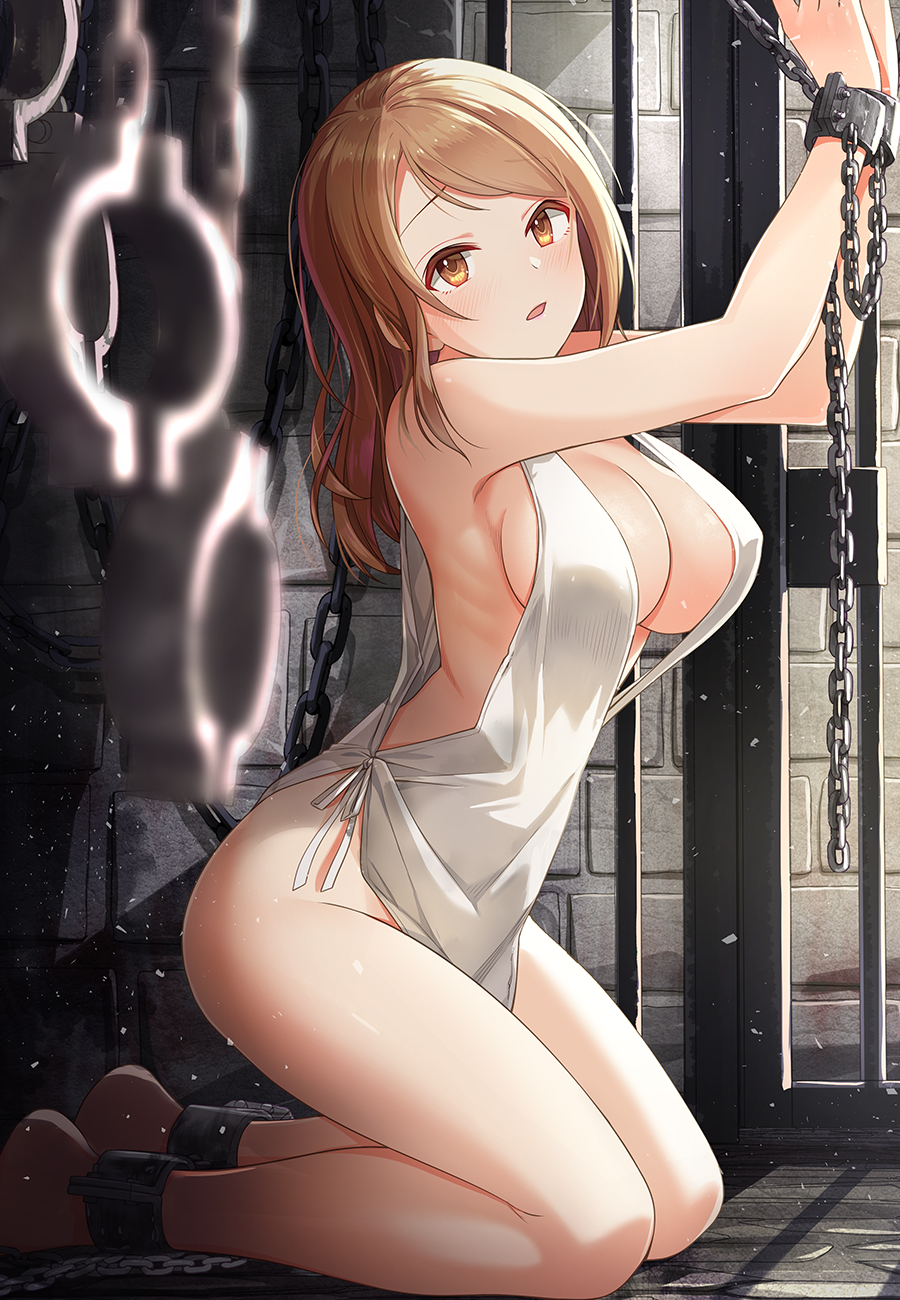 1girls bangs bare_shoulders blurry bondage bound breasts brown_eyes brown_hair chained chains cleavage commentary_request covered_erect_nipples depth_of_field dress eyebrows_visible_through_hair female from_side highres houjou_karen idolmaster idolmaster_cinderella_girls kneeling large_breasts long_hair looking_at_viewer mk_(mod0) nonude open_mouth restrained slave slave_outfit solo white_dress