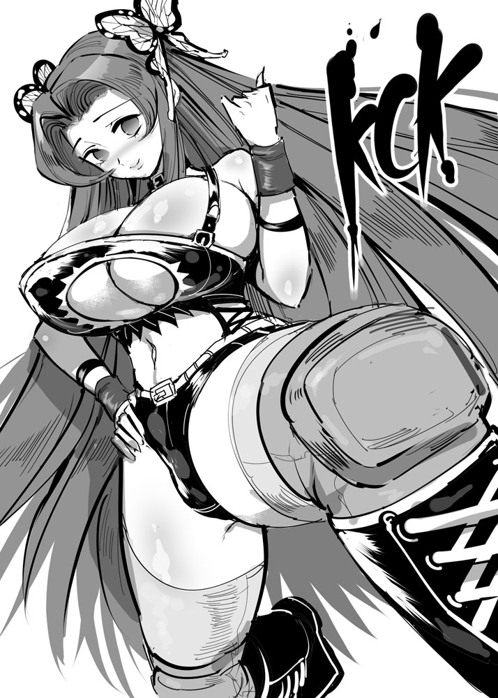 alternate costume, big breasts, booty shorts, breasts, butterfly hair ornament, chiroru, cleavage, demon slayer, female, female only, kimetsu no yaiba, kochou kanae, long hair, looking at viewer, monochrome, short shorts, solo, thick thighs, thighhighs, underboob, very long hair, wristband