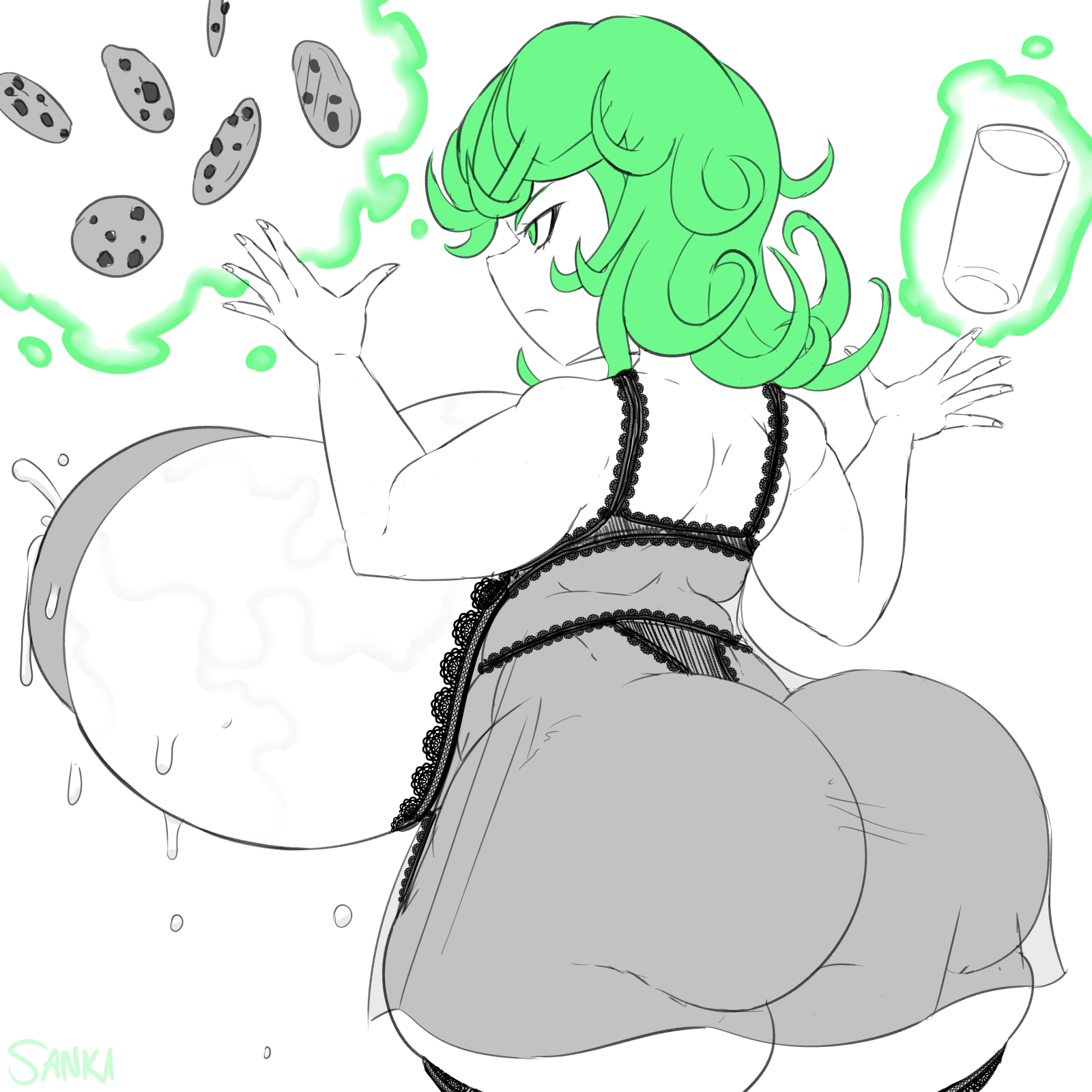 1girls, alternate breast size, ass, backboob, big ass, big breasts, breasts, female, female only, gigantic breasts, green hair, huge areolae, huge ass, huge breasts, hyper breasts, lactation, large areolae, large ass, line art, lingerie, one-punch man, puffy nipples, sanka-tetsu, shortstack, solo, tatsumaki, thick thighs, thighhighs, veiny breasts