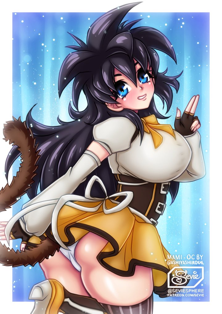 black_hair blue_eyes cosplay dragon_ball dragon_ball_gt dragon_ball_heroes dragon_ball_super dragon_ball_xenoverse dragon_ball_z female_saiyan mahou_shoujo_madoka_magica mami_(dragon_ball_xenoverse) mami_tomoe oc original original_character panties puella_magi_madoka_magica saiyan saiyan_tail sevie skirt thighhighs tomoe_mami white_panties