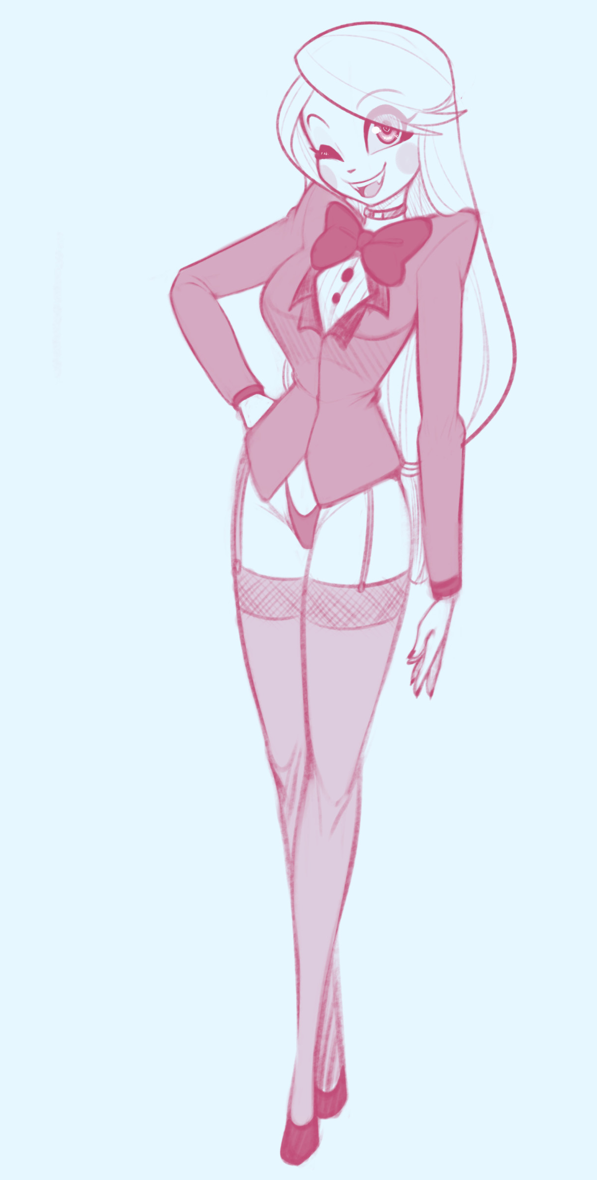 bowtie, charlie morningstar (hazbin hotel), demon, female, hazbin hotel, humanoid, monochrome, neckwear, no pants, outerwear, panties, scorpdk, solo, stockings, straight hair, tuxedo