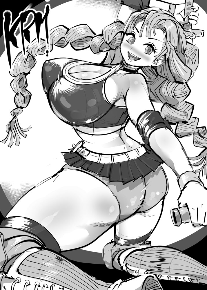 alternate costume, ass, big ass, big breasts, braided hair, breasts, chiroru, demon slayer, female, female only, huge breasts, kanroji mitsuri, kimetsu no yaiba, kneehighs, long hair, microskirt, miniskirt, monochrome, on knees, panties, solo, sports bra, thick thighs
