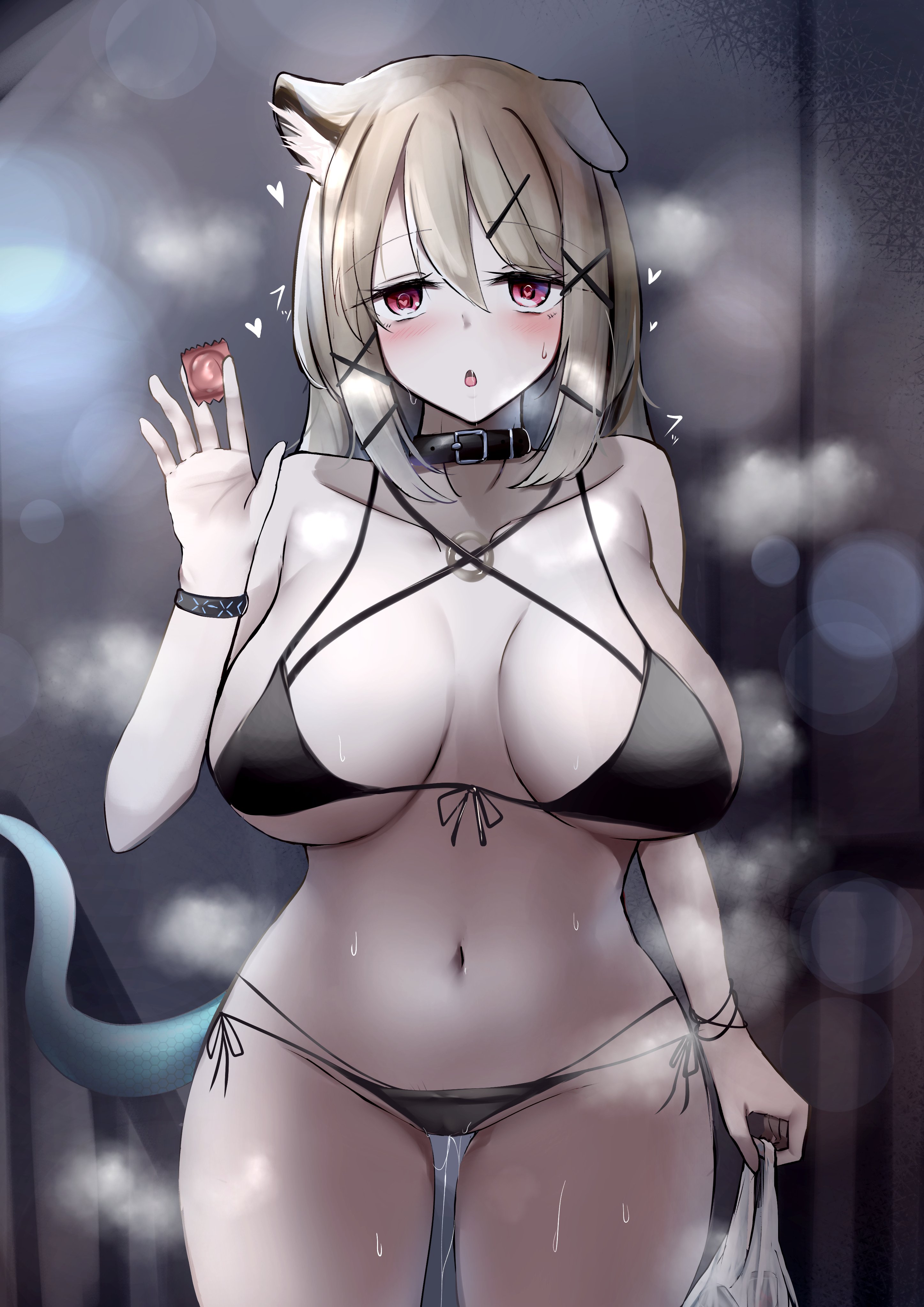 1girls, ahe gao, arknights, big breasts, blush, bra, breasts, condom, female, female only, holding condom, huge breasts, kokihanada, kouki hanada, large breasts, panties, tail, underwear, utage (arknights)