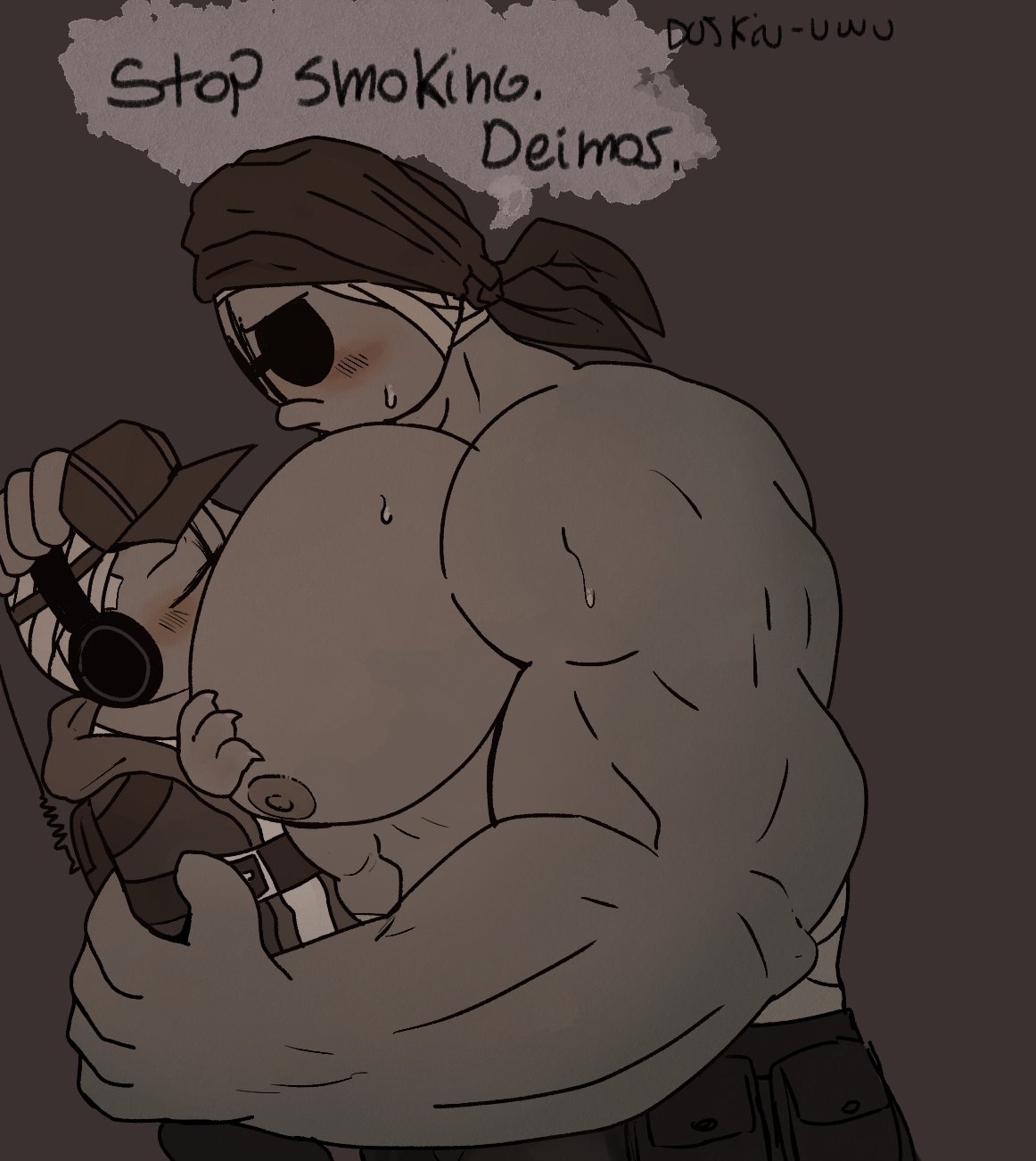 blush, breasts, deimos, duskiu uwu, huge breasts, madness combat, male, male only, muscular, muscular male, sanford, size difference, smothering, yaoi