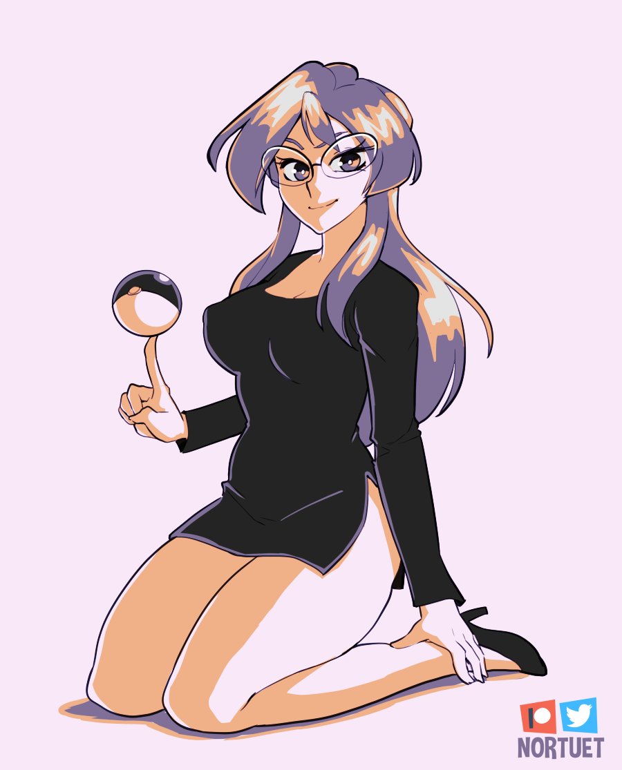 1girls, big breasts, breasts, cleavage, clothed, curvy, elite four, female, female focus, female only, glasses, hi res, high heels, long hair, looking at viewer, lorelei (pokemon rgby), lorelei (pokemon), nintendo, nortuet, pokeball, pokemon, pokemon rgby, pose, purple eyes, purple hair, simple background, sitting, solo, thick thighs, watermark, white background, wide hips