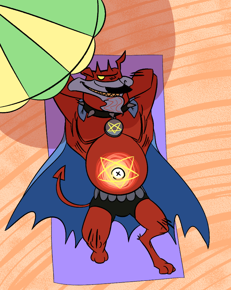 1boy 2020 beach belly bellybutton demon dexter's_laboratory gravid heck_hound_(dexter's_laboratory) hellhound justice_friends lust male male_pregnancy may mayternity mpreg outie pentagram pregnant_male towel tummy umbrella