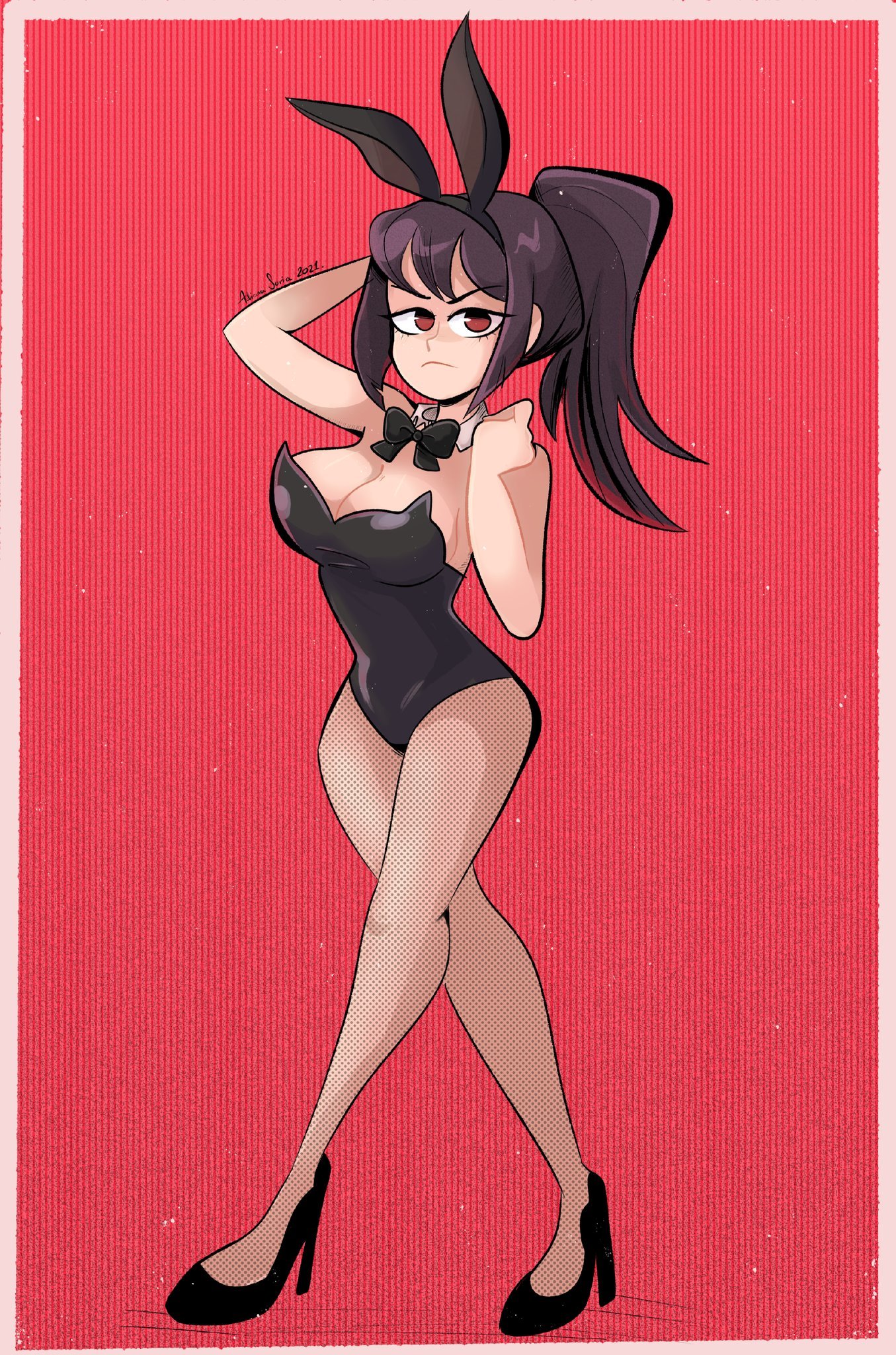 1girls, artist request, big breasts, black hair, breasts, bunny costume, bunny ears, bunnysuit, cleavage, clothed, clothing, female, female focus, female only, high heels, lingerie, long hair, looking at viewer, please don't bully me, nagatoro, ponytail, president (nagatoro), red eyes, red hair, revealing clothes, sana sunomiya, simple background, solo, watermark