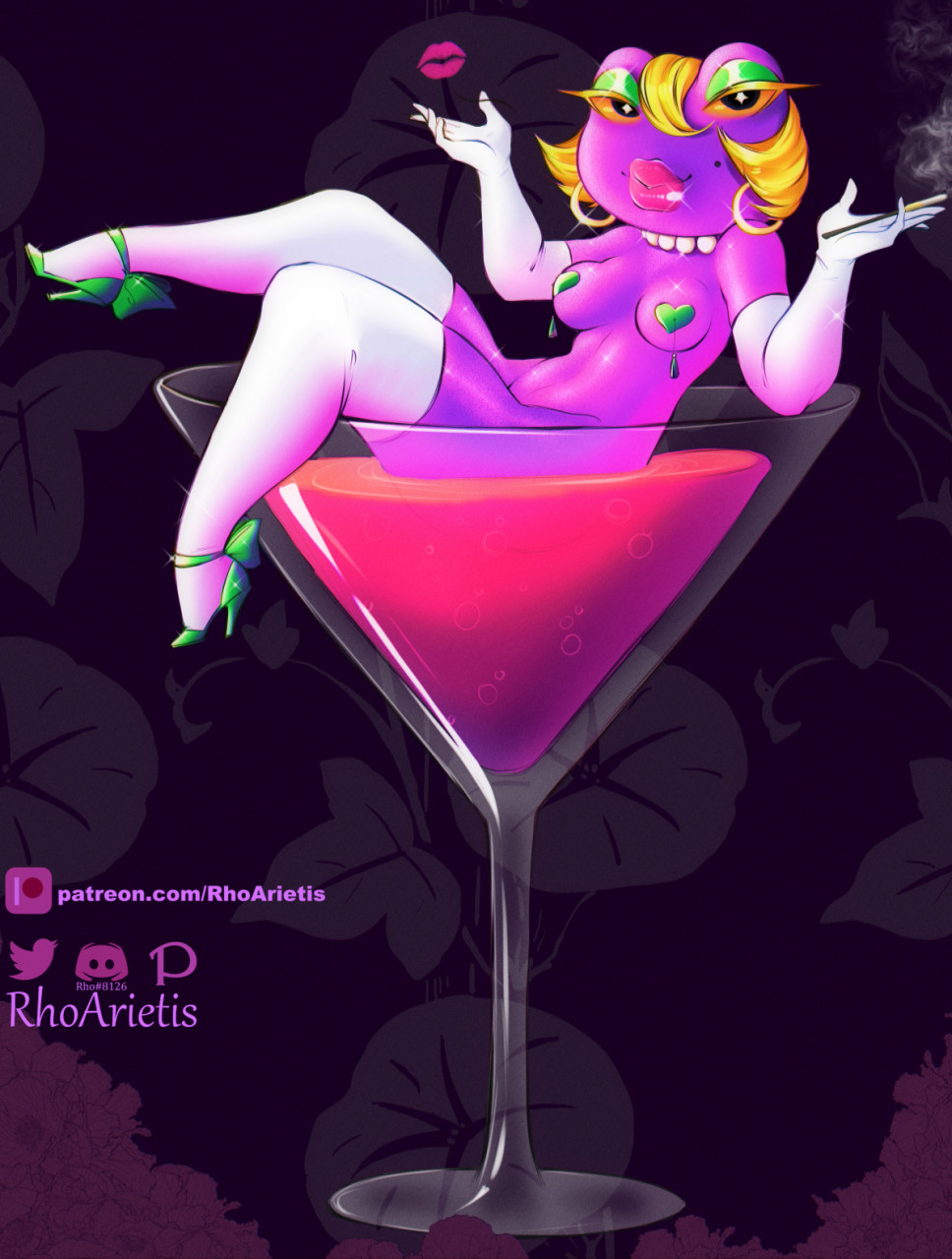 1girls 2020 animal_crossing anthro beauty_mark big_lips bimbo blonde_hair elbow eyeshadow gigi_(animal_crossing) gloves green_eyeshadow high_heels hoop_earrings kiss_mark lips lipstick looking_at_viewer makeup martini_glass nintendo pasties pearls purple_skin rhoarietis thigh_highs