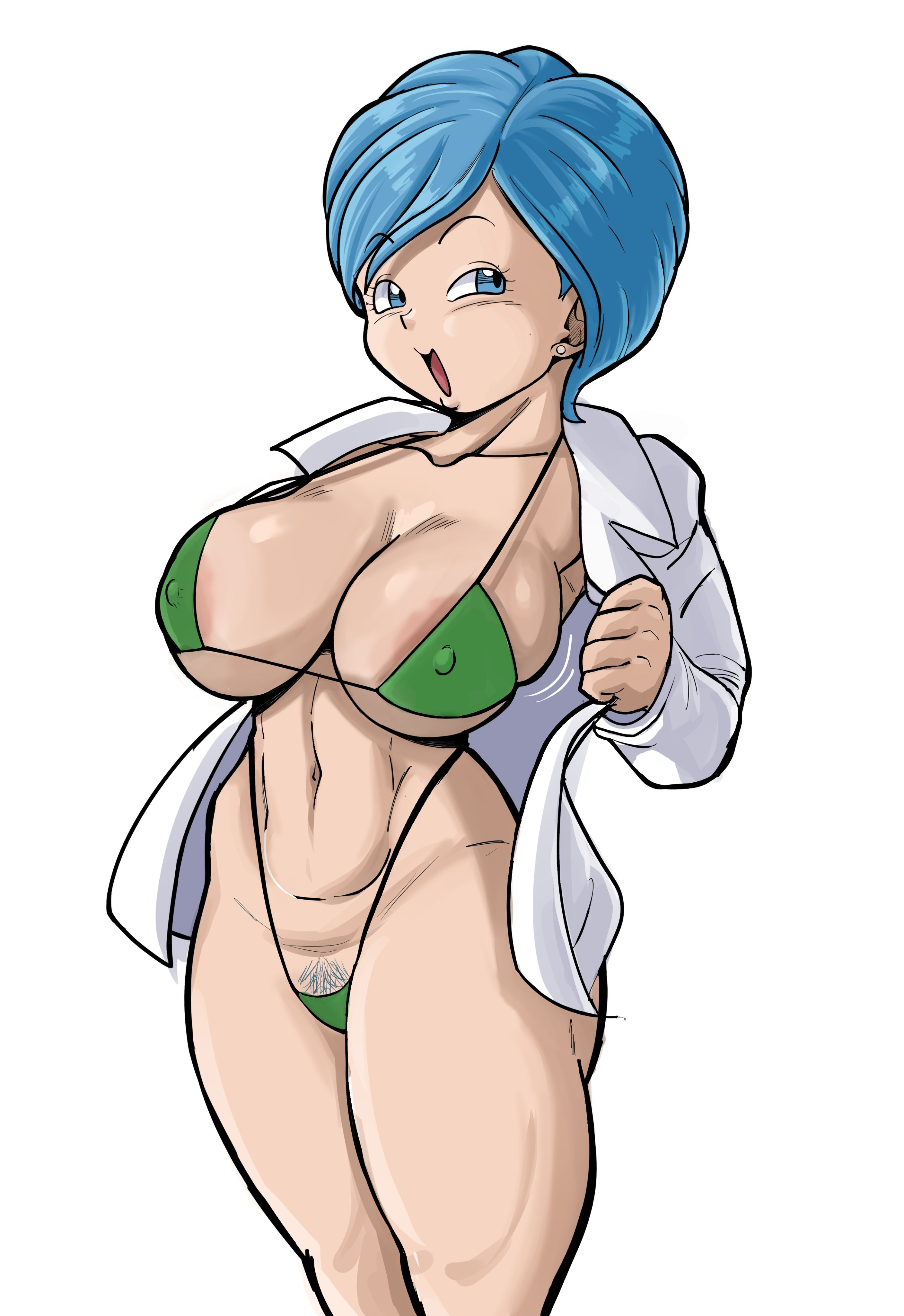 1girls, bikini, blue eyes, blue hair, breasts, bulma briefs, dragon ball, female, female only, huge breasts, long sleeves, micro bikini, milf, nipple bulge, pseudocel, pubic hair, shirt, shounen jump, solo, solo female, thick thighs