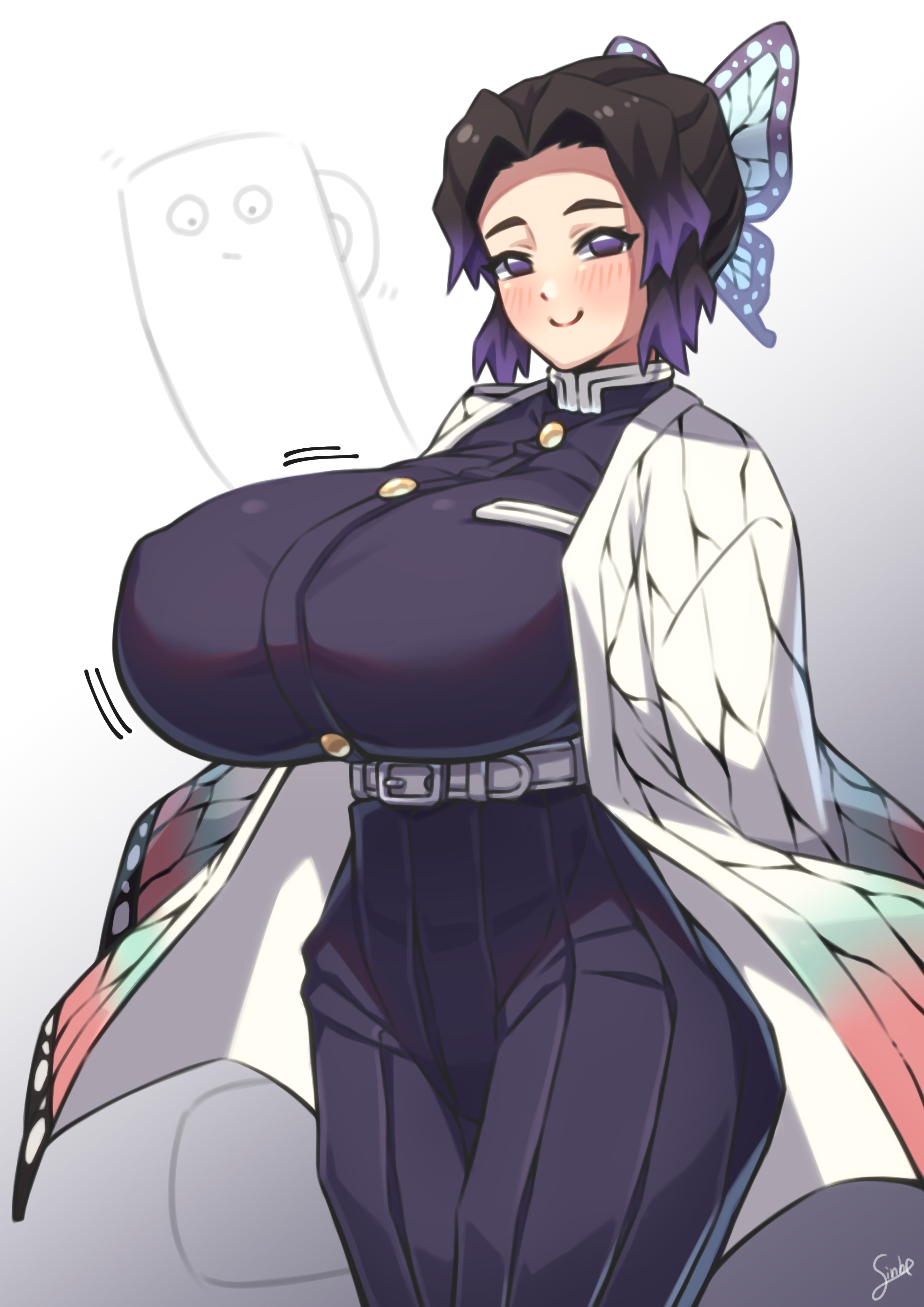 big breasts, black hair, blush, breasts, butterfly hair ornament, clothing, coffeelove68, demon slayer, female, female only, fully clothed, haori, huge breasts, kimetsu no yaiba, kochou shinobu, looking at viewer, purple eyes, smile, solo, two-tone hair