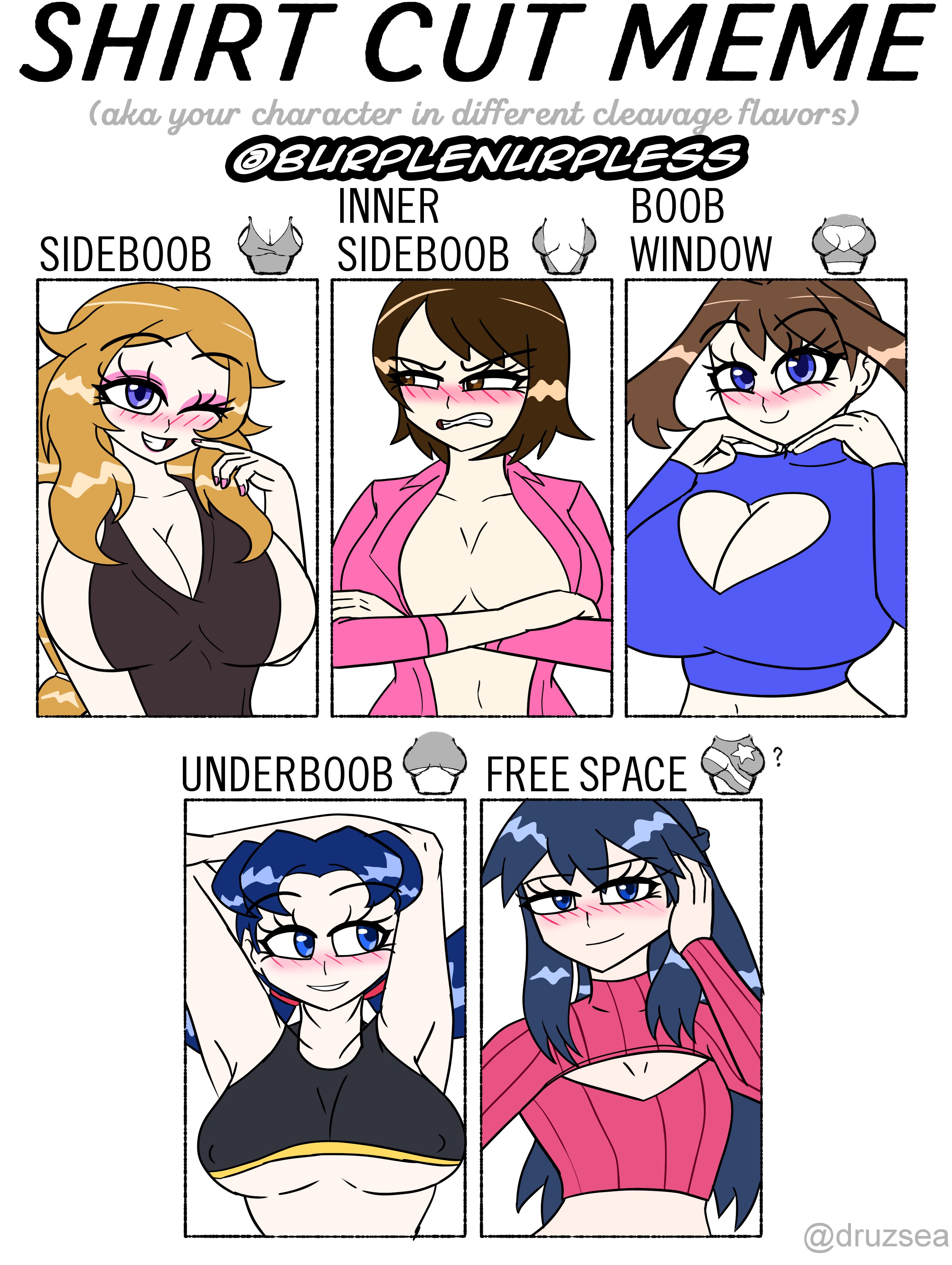 5girls, big breasts, blonde hair, blue eyes, blue hair, breasts, brown eyes, brown hair, burplenurpless, dawn (pokemon), embarrassed, female, gloria (pokemon), kris (pokemon), long hair, may (pokemon), multiple females, multiple girls, nintendo, pokemon, pokemon dppt, pokemon gsc, pokemon rse, pokemon ss, pokemon xy, serena (pokemon), shirt cut meme, short hair