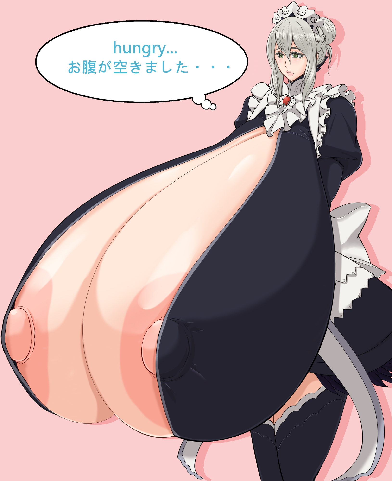 1girls, aokuro, bare thighs, breasts, effie (fire emblem), english text, female, fire emblem, fire emblem fates, gigantic breasts, green eyes, grey hair, hyper, hyper breasts, hyper nipples, inner thighs, inviting, japanese text, long breasts, maid, maid headdress, maid uniform, medium hair, nintendo, nipples visible through clothing, pink background, see-through, see-through clothing, silver hair, solo, solo female, speech bubble, text, thought bubble