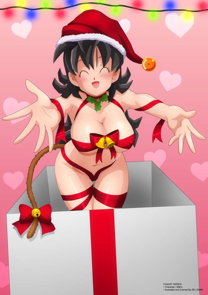 arms_out bells black_hair christmas closed_eyes dragon_ball dragon_ball_(object) dragon_ball_gt dragon_ball_heroes dragon_ball_super dragon_ball_xenoverse dragon_ball_z female gift_box in_container mami_(dragon_ball_xenoverse) mistletoe oc open_mouth original original_character outstretched_arms ribbons saiyan saiyan_tail santa_hat tail_ribbon zel-sama